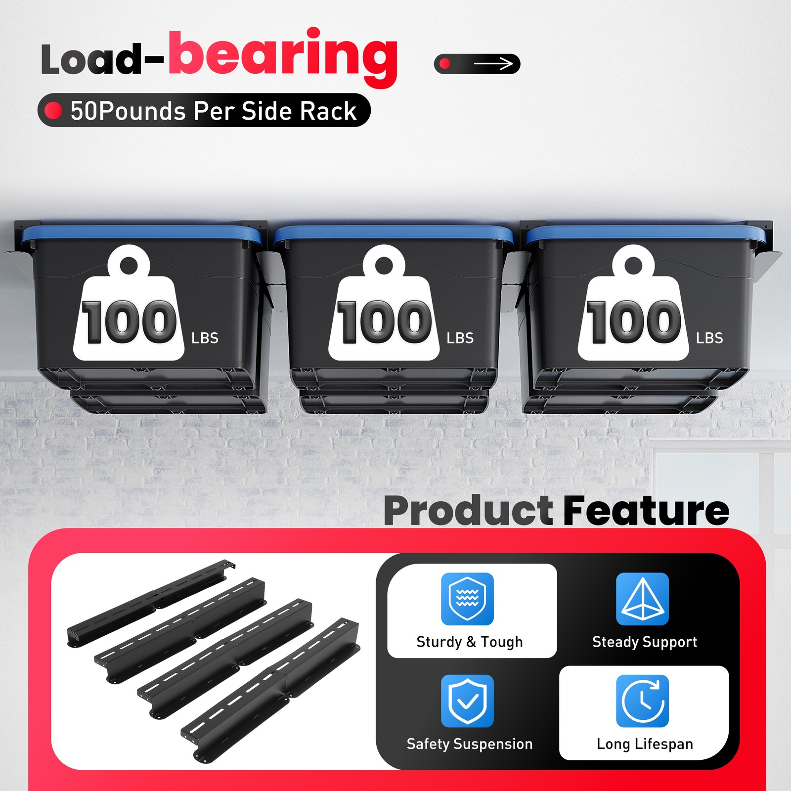 8PK Ceiling Rail Overhead Garage Storage Bin Racks For 6 Bins Shelving System