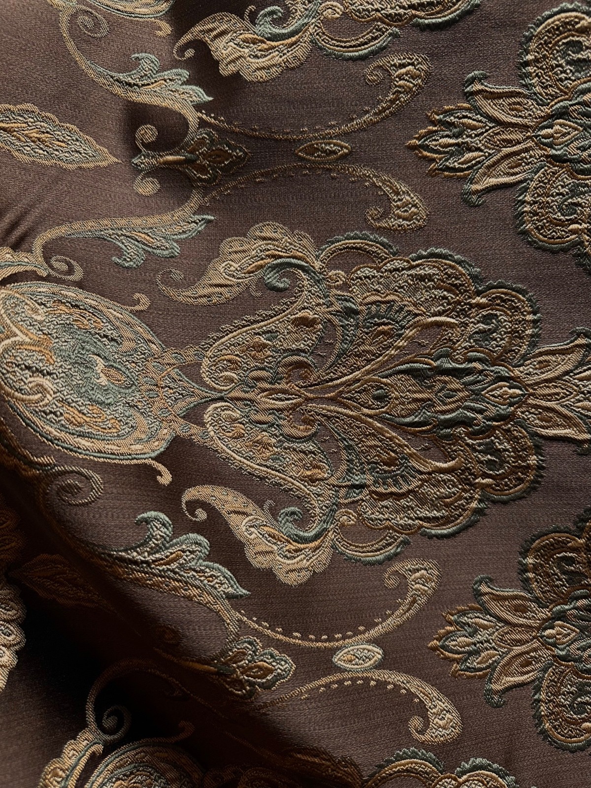 BROWN GOLD GREEN Damask Brocade Upholstery Drapery Fabric (110 in.) Sold BTY