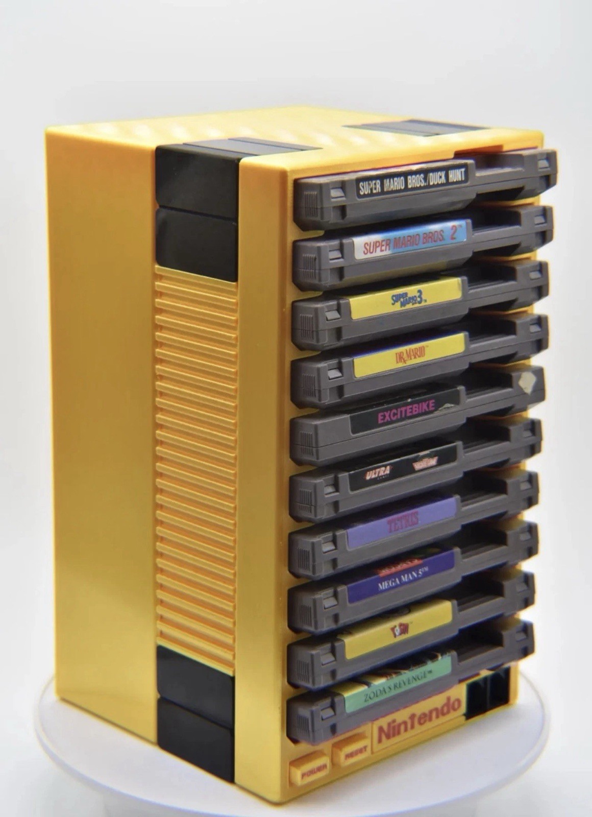 NES Game Cartridge Storage Tower Holds 10 Games Nintendo 3D Printed Rack Gold