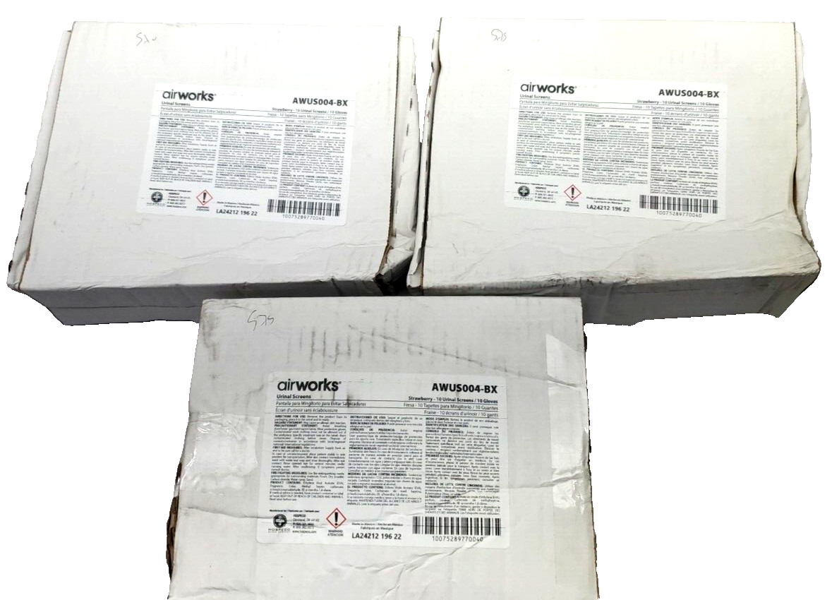 LOT OF 3 BOXES OF 10, AIRWORKS AWUS004-BX URINAL SCREENS, STRAWBERRY,