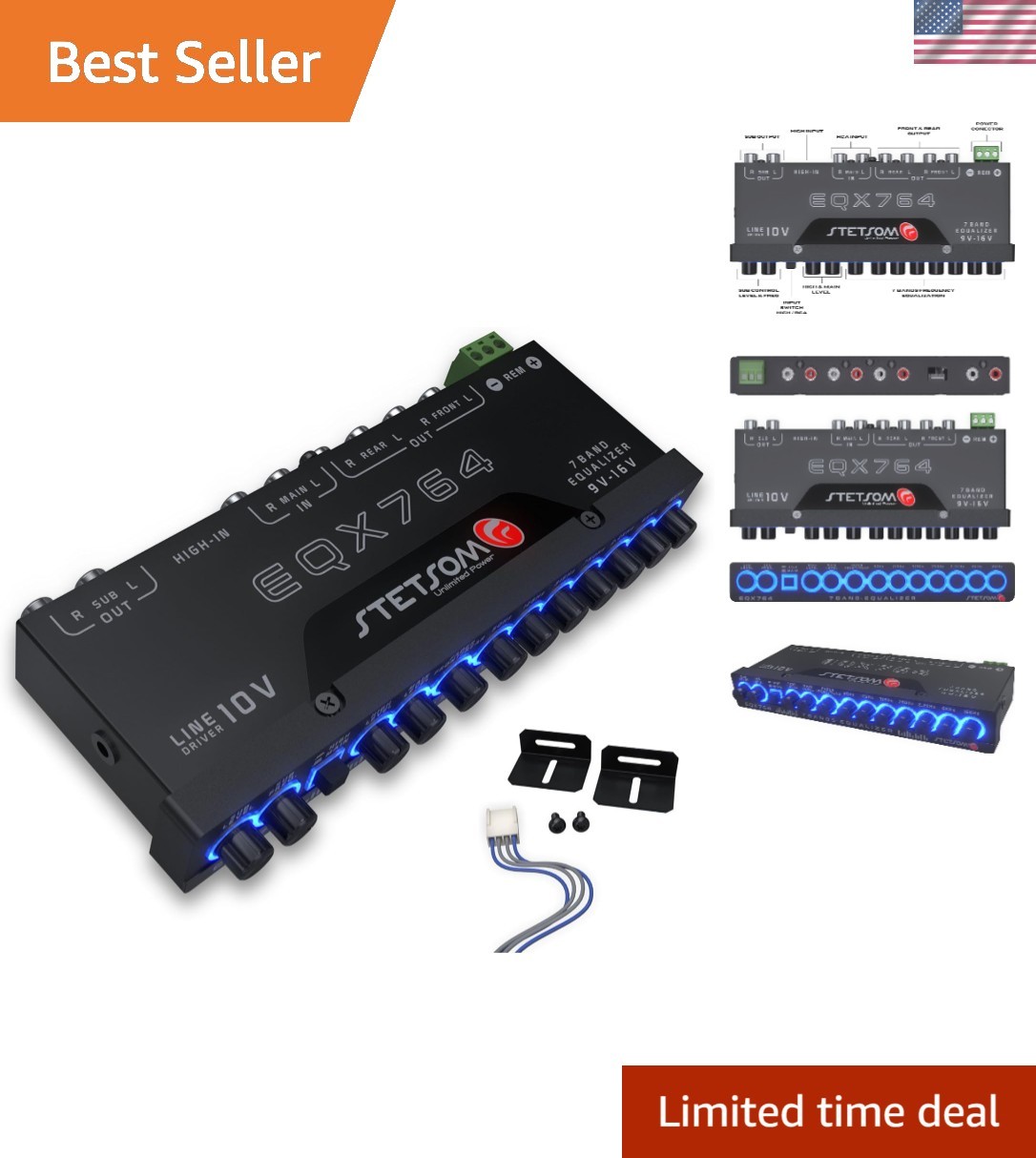 High-Performance 7 Band Car Audio Equalizer with 10VRMS Line Driver - 6 Outputs
