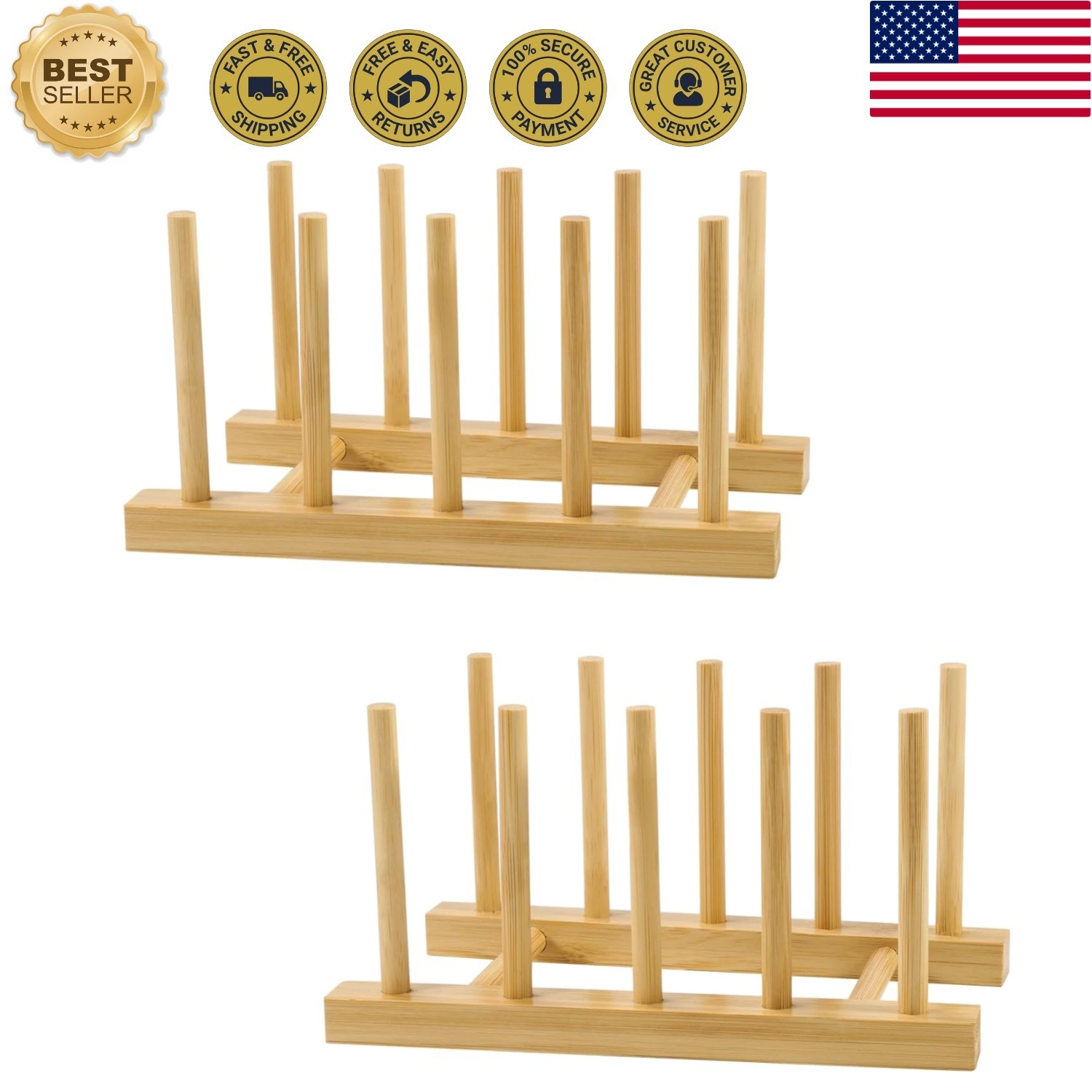 2-Pack Bamboo Kitchen Rack with 4 Slots and 5 Connector Pegs – Vertical Organ...