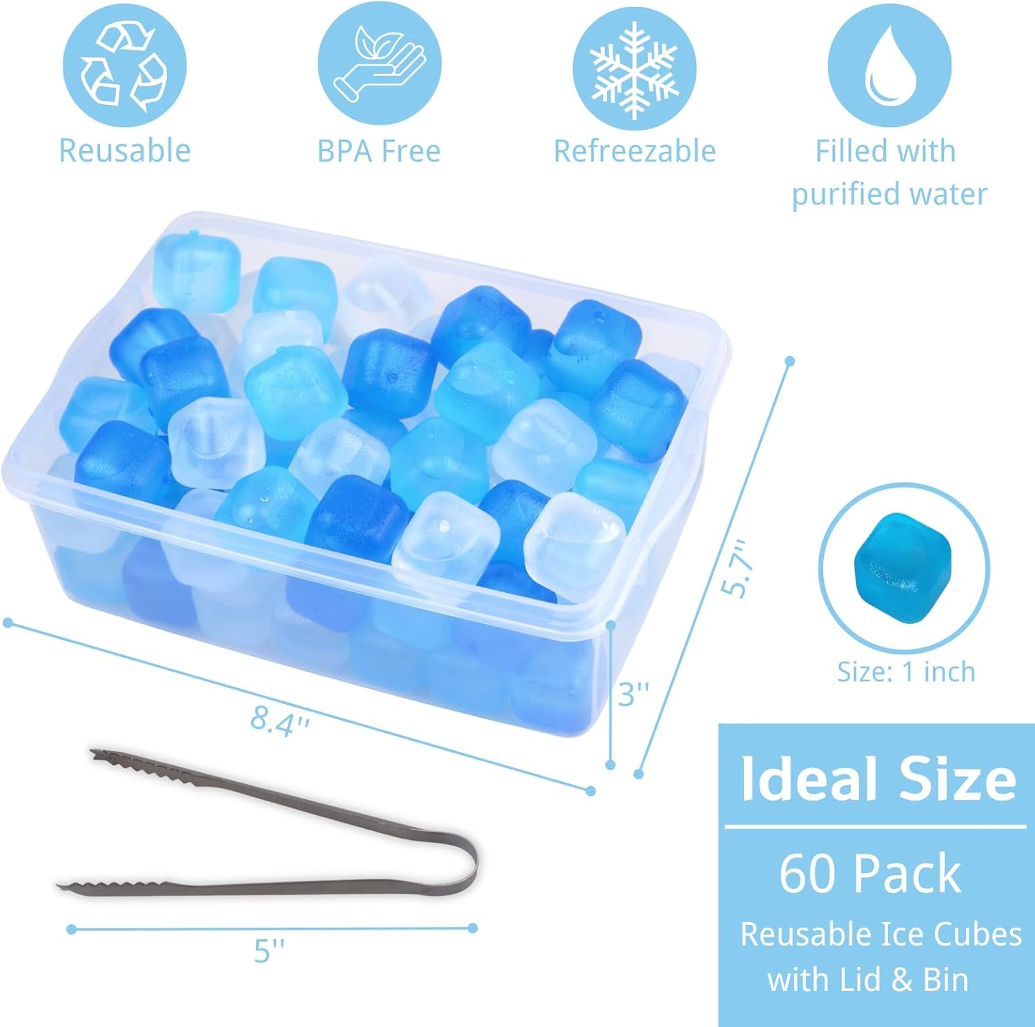 Reusable Ice Cube with Lid & Bin, 60 Pack Plastic Ice Cubes for Drinks BPA Free,