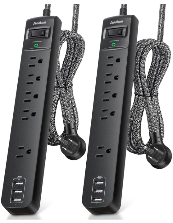 2 Pack Power Strip Surge Protector 5 Outlets 3 USB Ports Flat Plug Braided Black