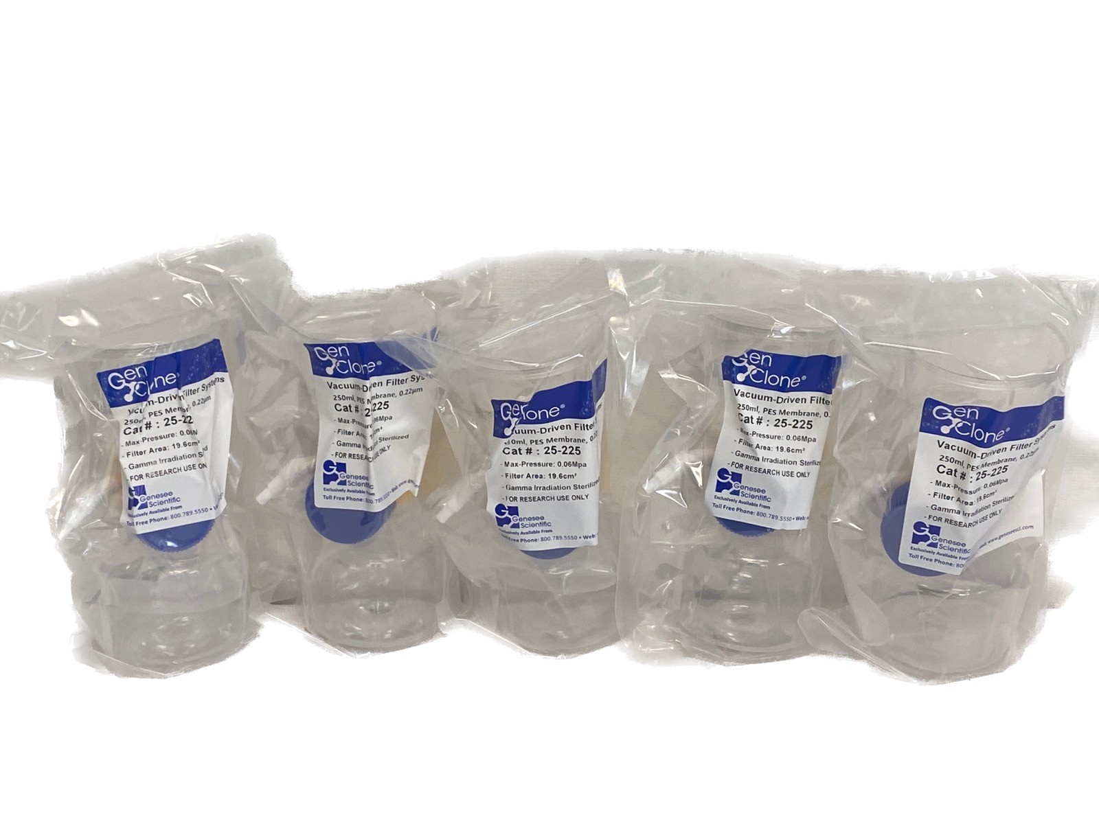 (5) GENESEE GenClone 250mL Vacuum-Driven Filter System 0.22um PES 25-225