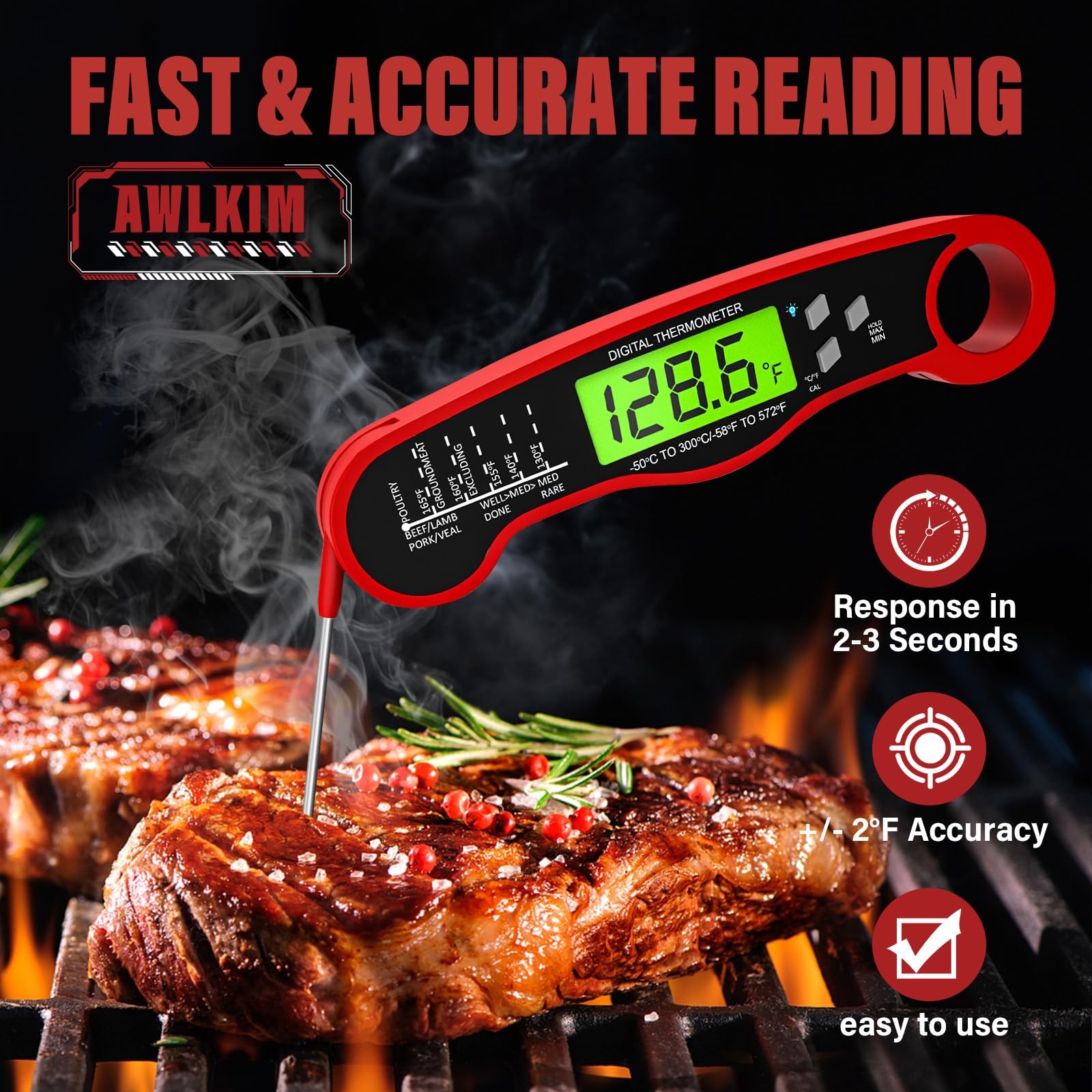 Digital Meat Thermometer | Instant Read | Backlit Display & Foldable Probe