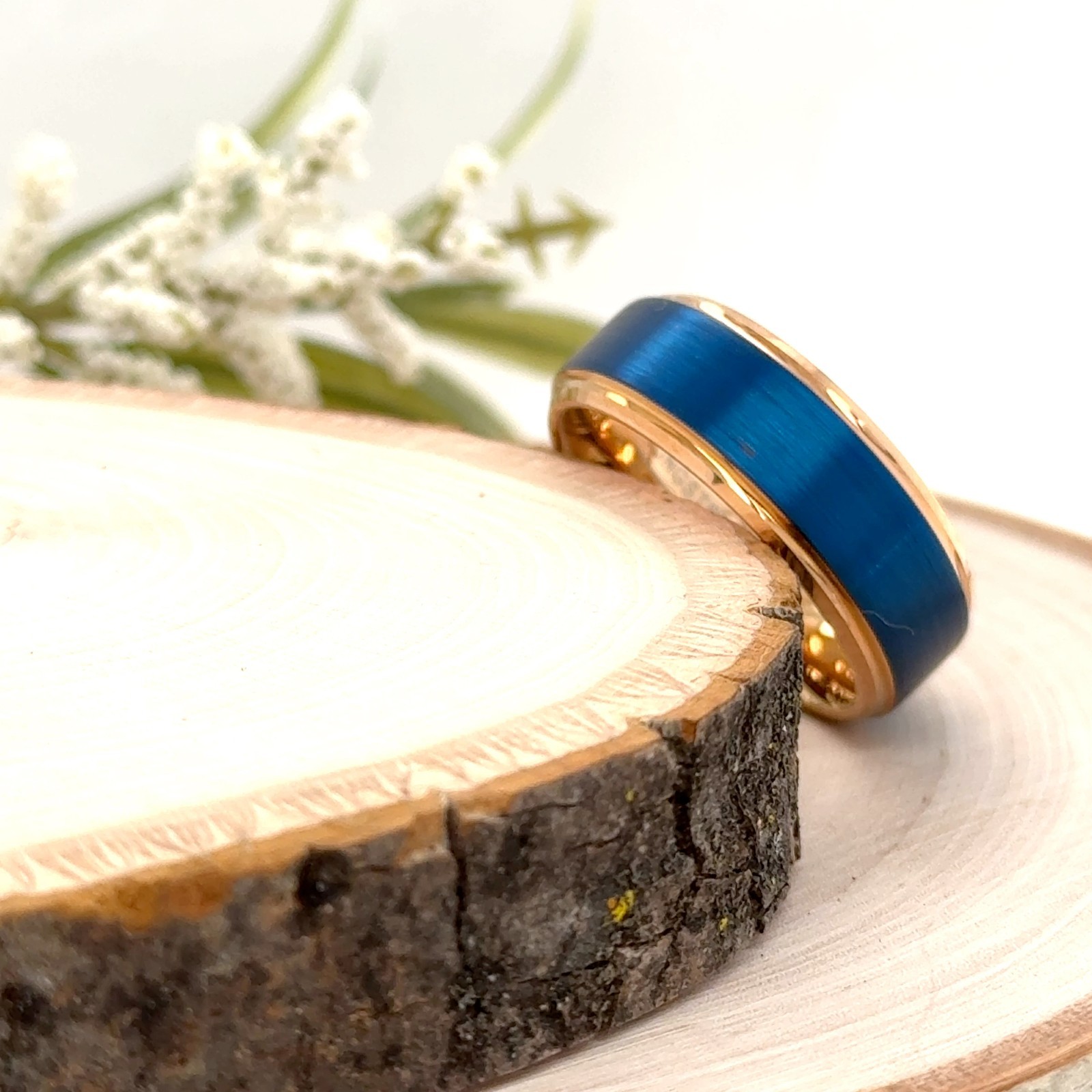 8mm Rose Gold Polished Tungsten Ring Blue Brushed Scratch-Proof Christmas Band