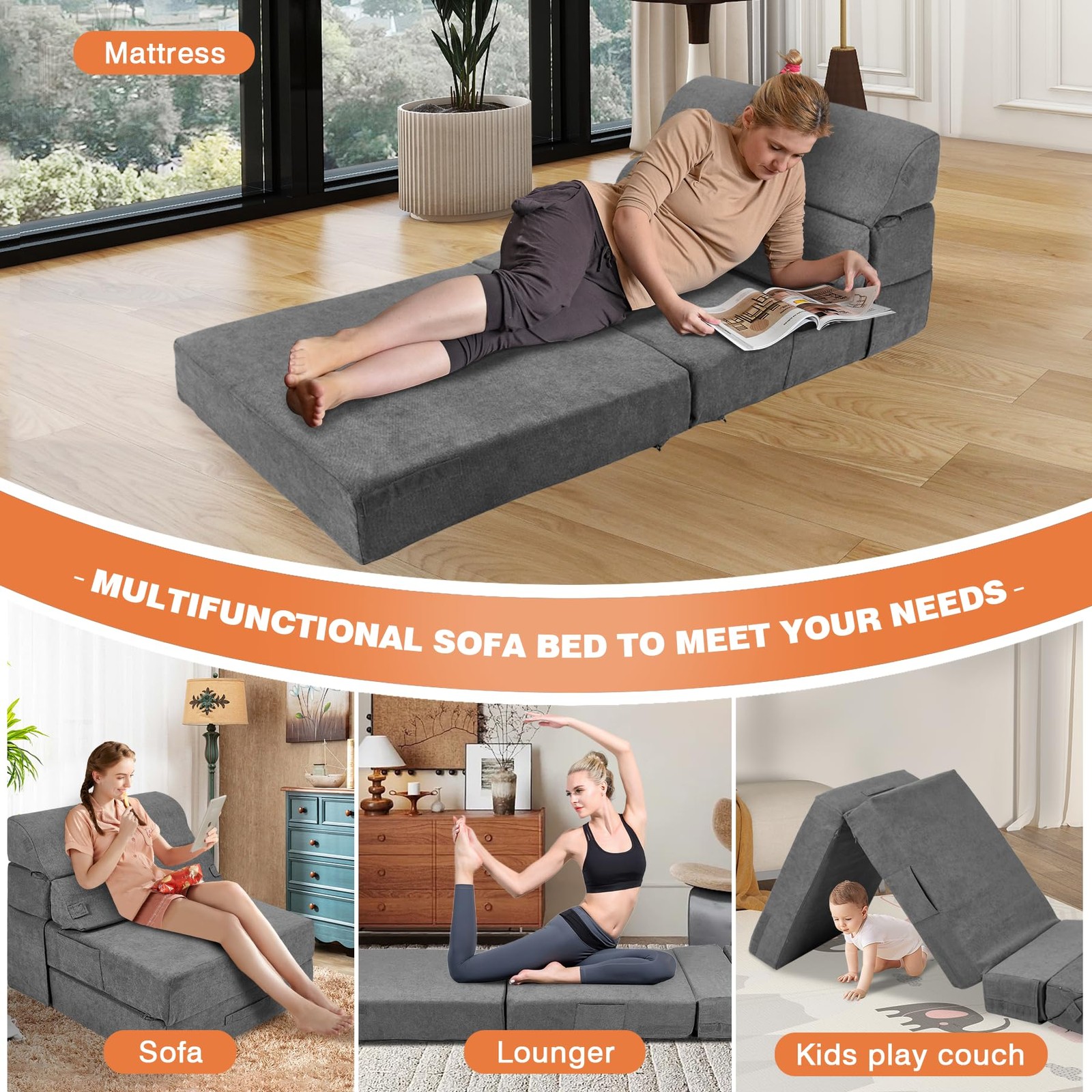Comfy Foldable Sofa Bed - Folding Single Sofa Bed for Adults, Convertible Sle...