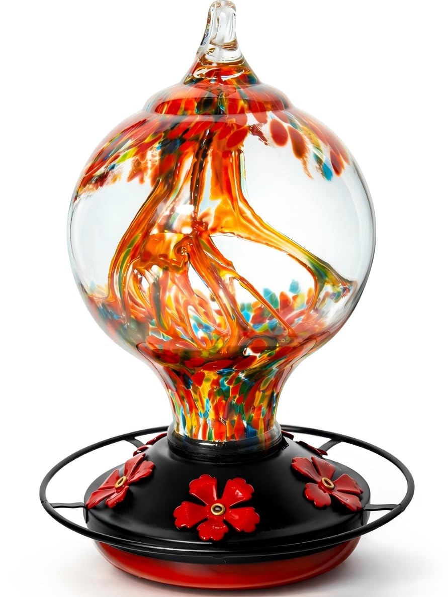 Novoto Hummingbird Feeder for Outdoors Hanging, 34 Oz, Hand Blown Sunset Red