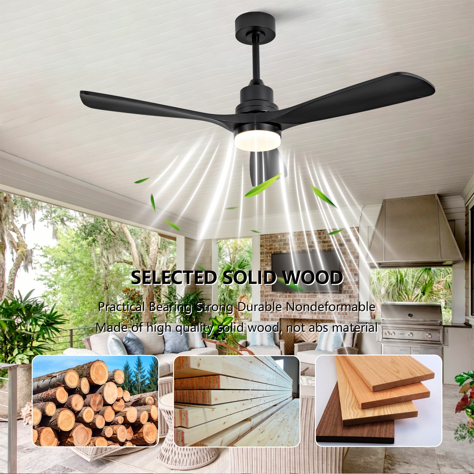 52" Modern Black Ceiling Fan With Light 3 Solid Wood Blades Remote Control