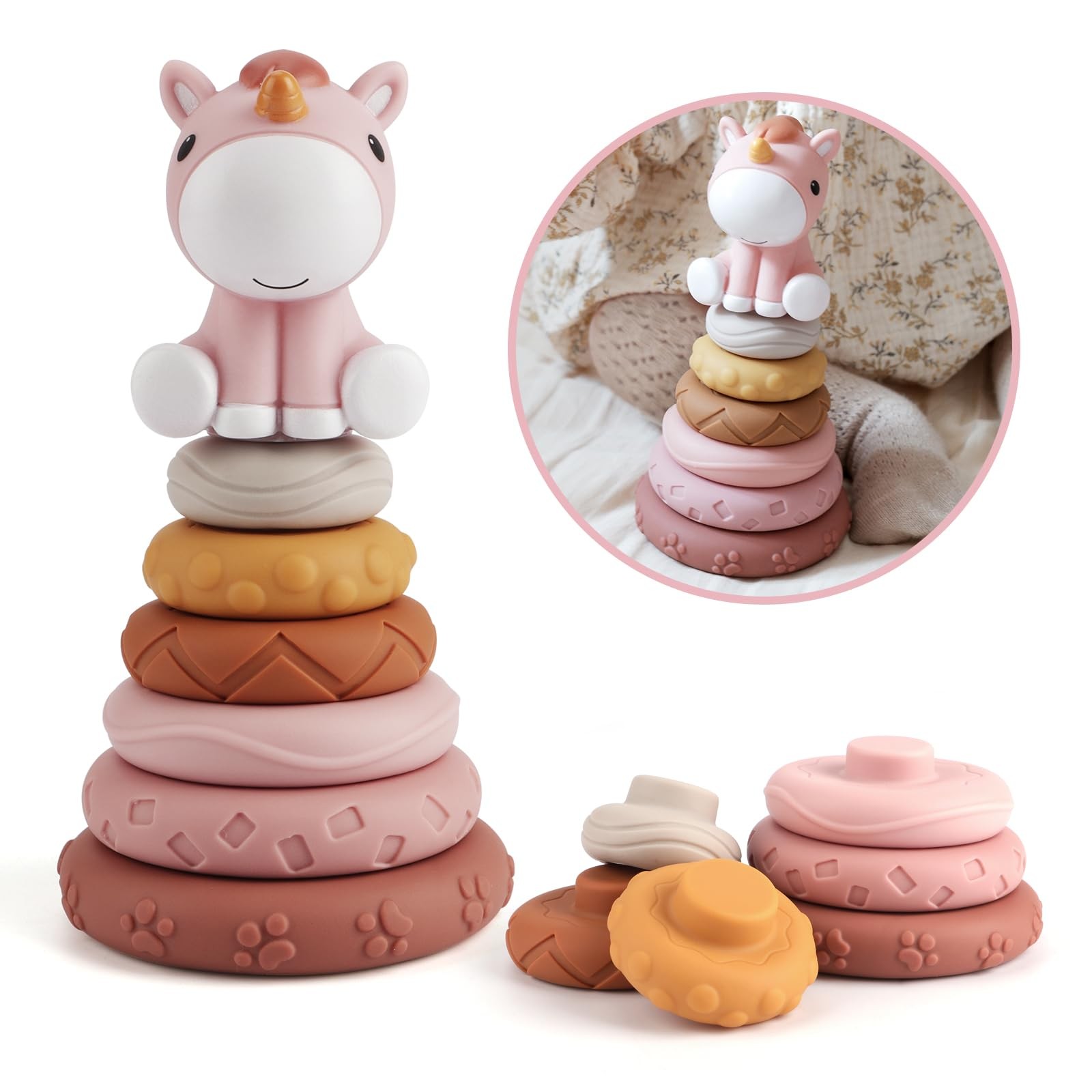Stacking Rings Toy for Baby Girls with Unicorn Topper – 6 Textured Sensory Ri...
