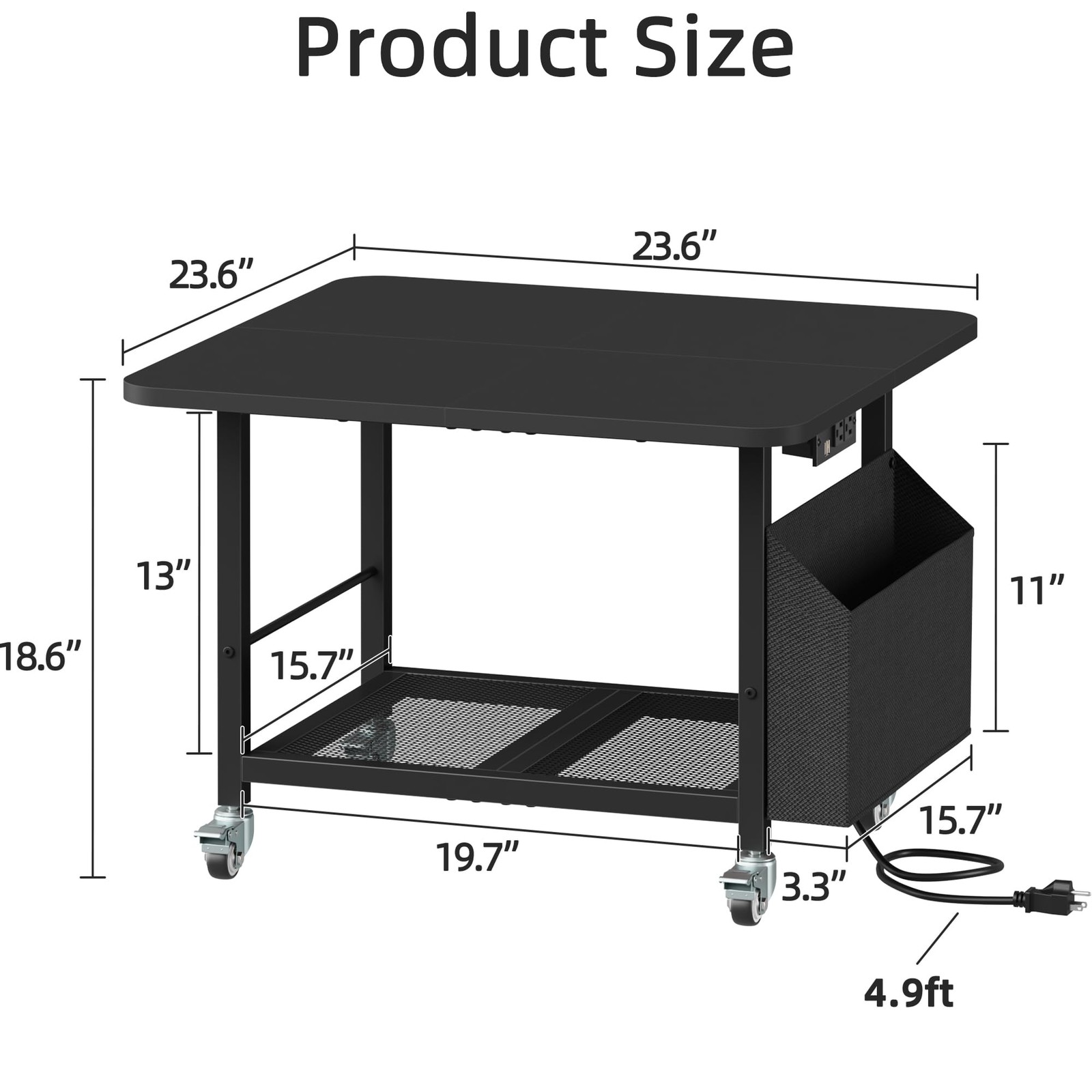 23.6" Large Printer Stand with Power Outlet,3D Printer Table,Black