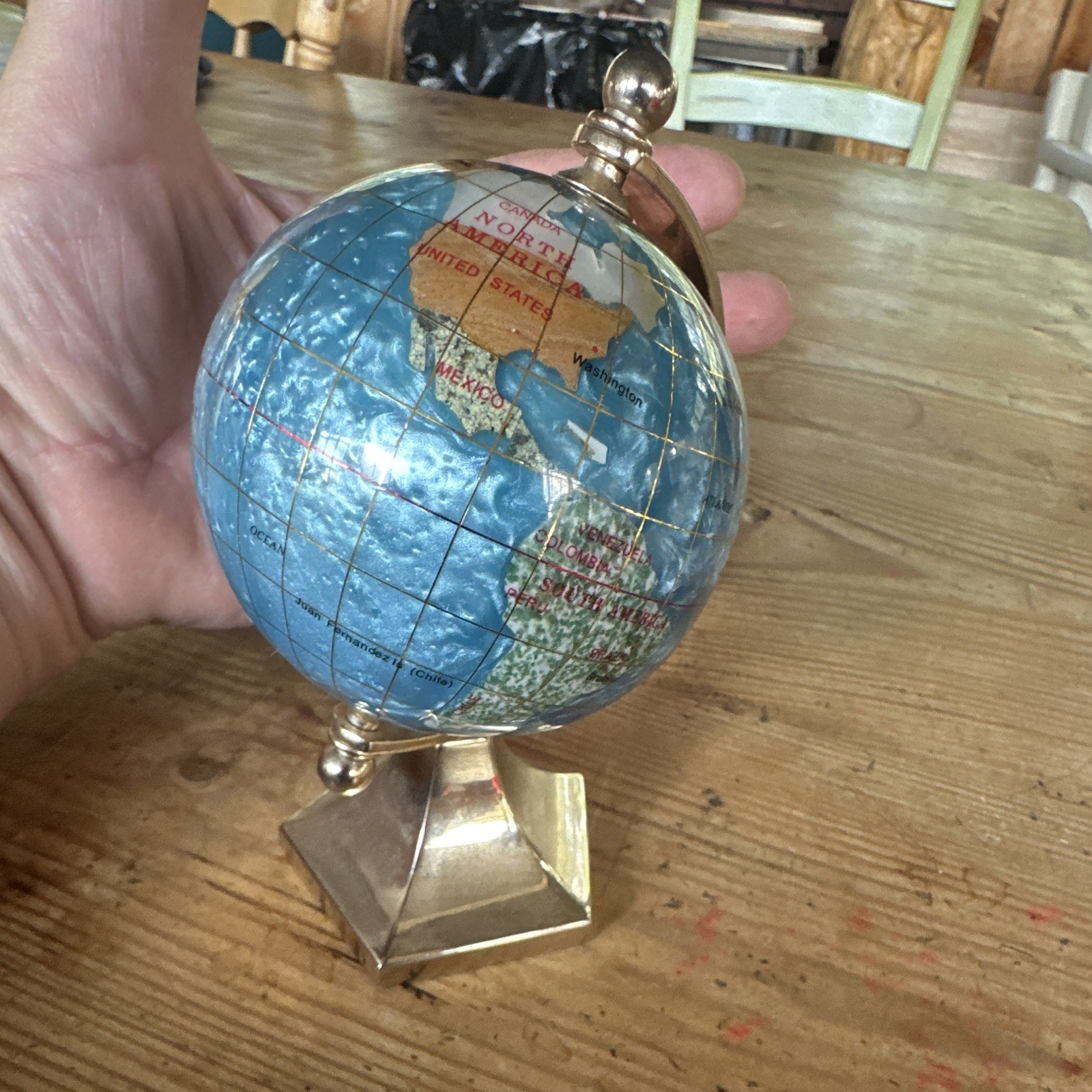 Tabletop Rotating World Globe, Blue, Decorative Metallic Metal Base Stand