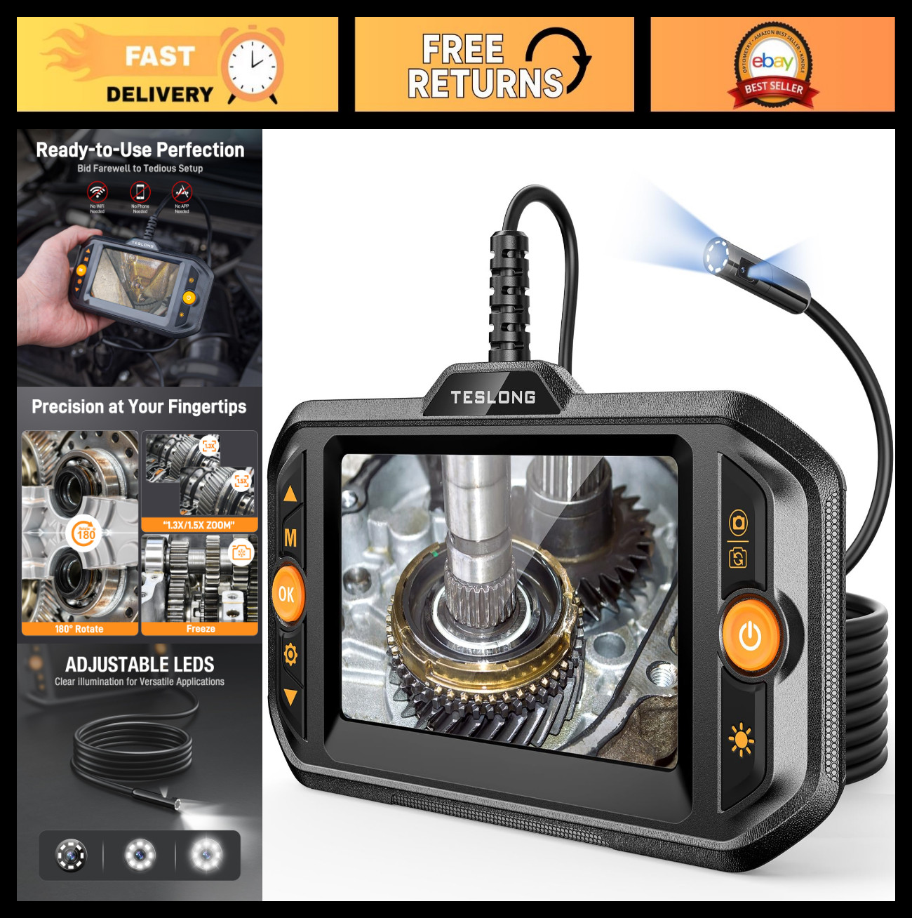Dual Lens Borescope Endoscope with Light for Mechanics | 4.3" Screen, 16.5FT Cab