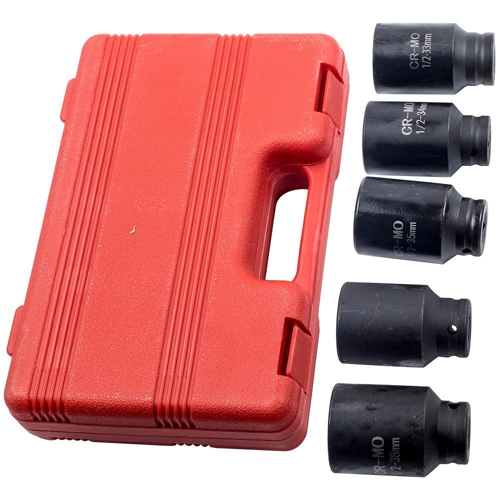 5pc 33mm-34-35-36-38mm 1/2'' Drive 6 Point Deep Spindle Axle Nut Socket Set Tool