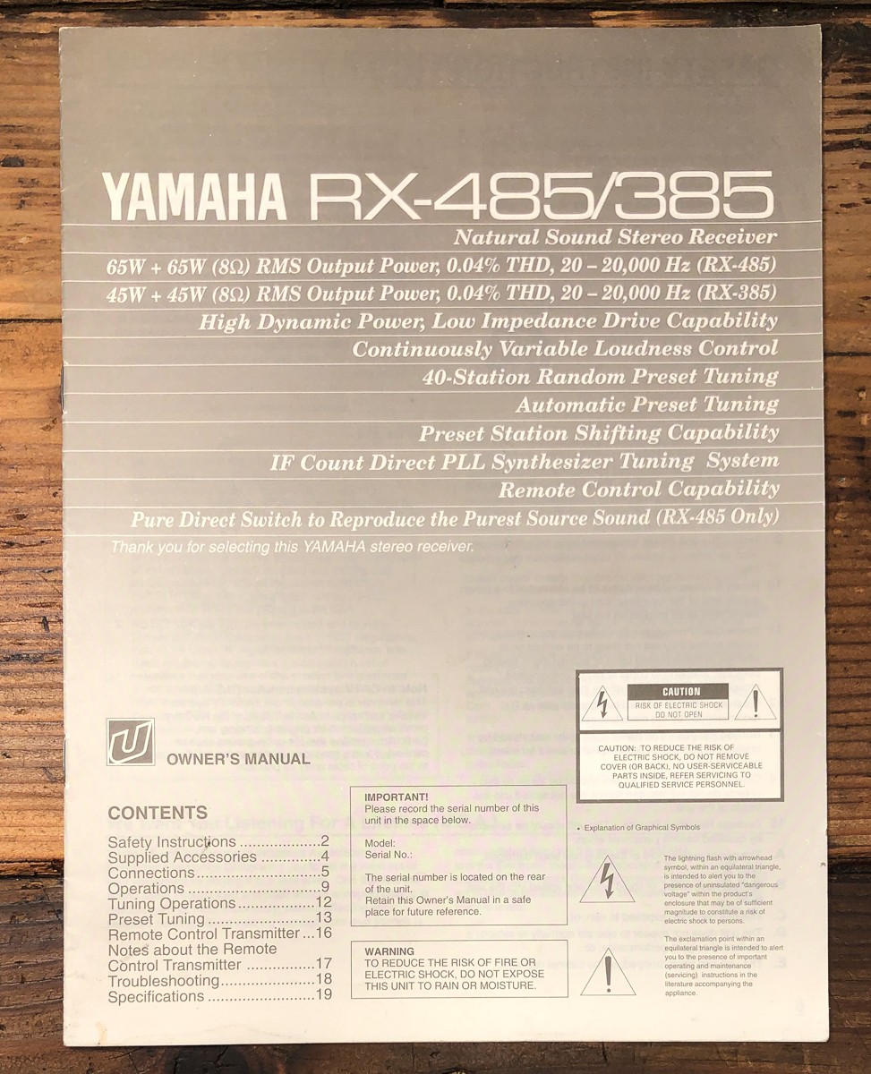 Yamaha RX-385 RX-485 Receiver Owners / User Manual *Original*