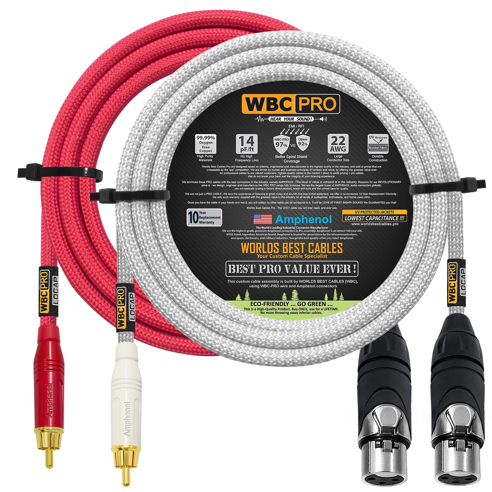 15 Foot RCA to XLR (Female) Cable Pair - WBC-PRO-LOCAP 15 FT, Red & Silver