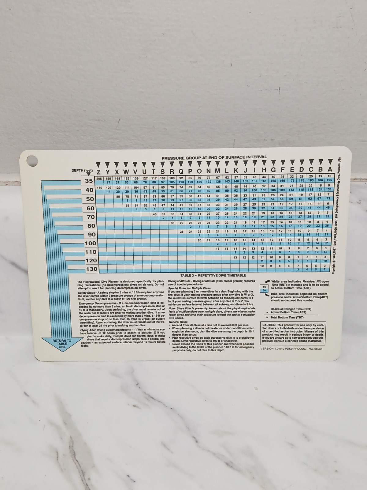 PADI Vintage Plastic Recreational Dive Planner Table Scuba Diving