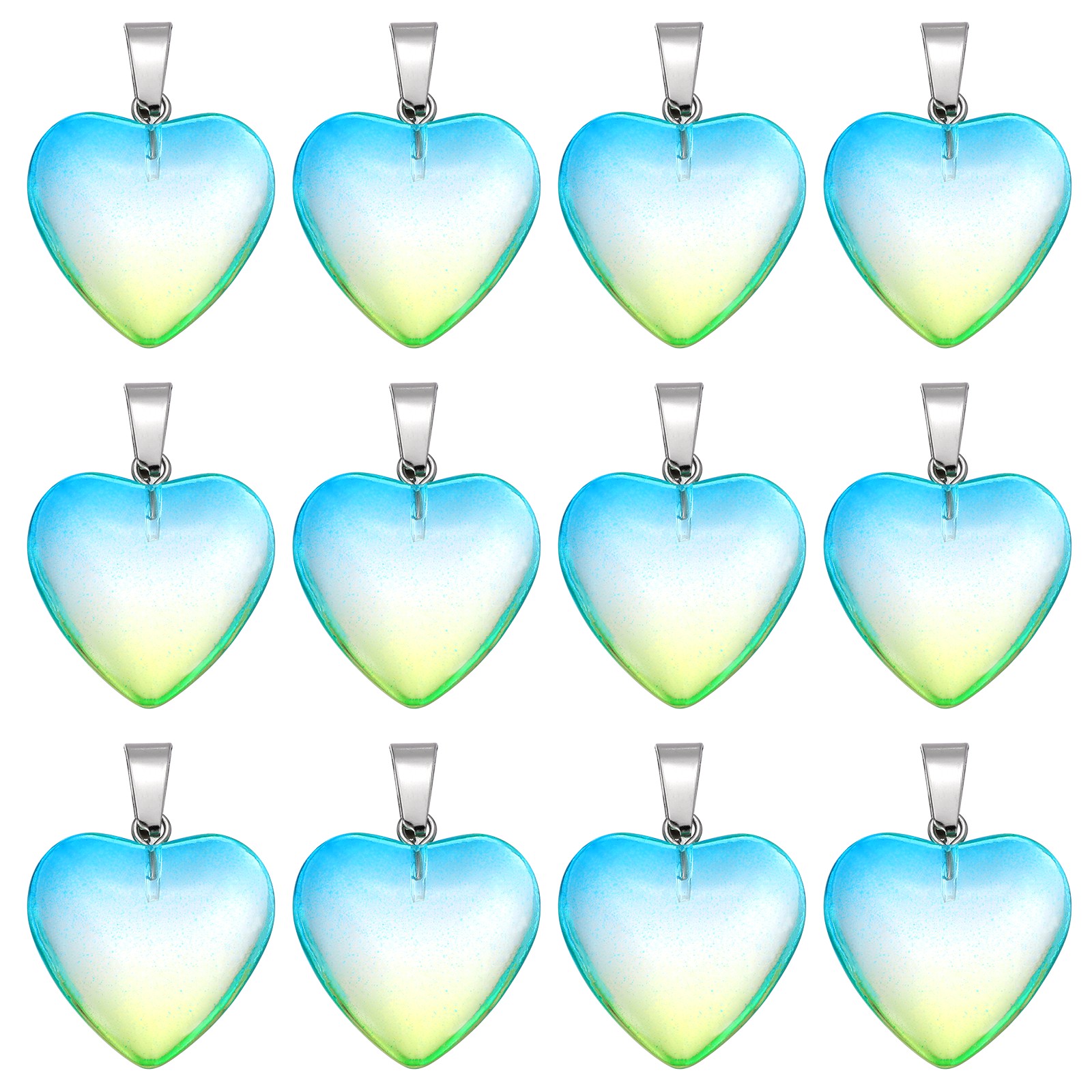12 Pcs Heart Charms, Blue Yellow Valentine Love Pendant Heart Glass Beads Charm