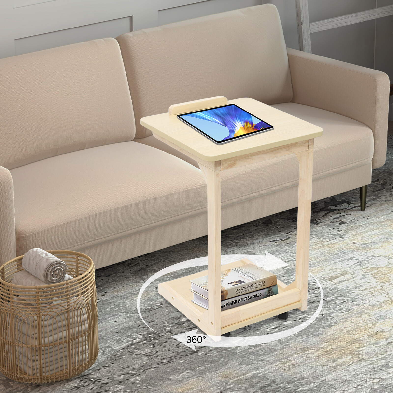 C-Shaped Rolling Side Table, Solid Wood & MDF, Adjustable 0�C40��, 40��40��63cm
