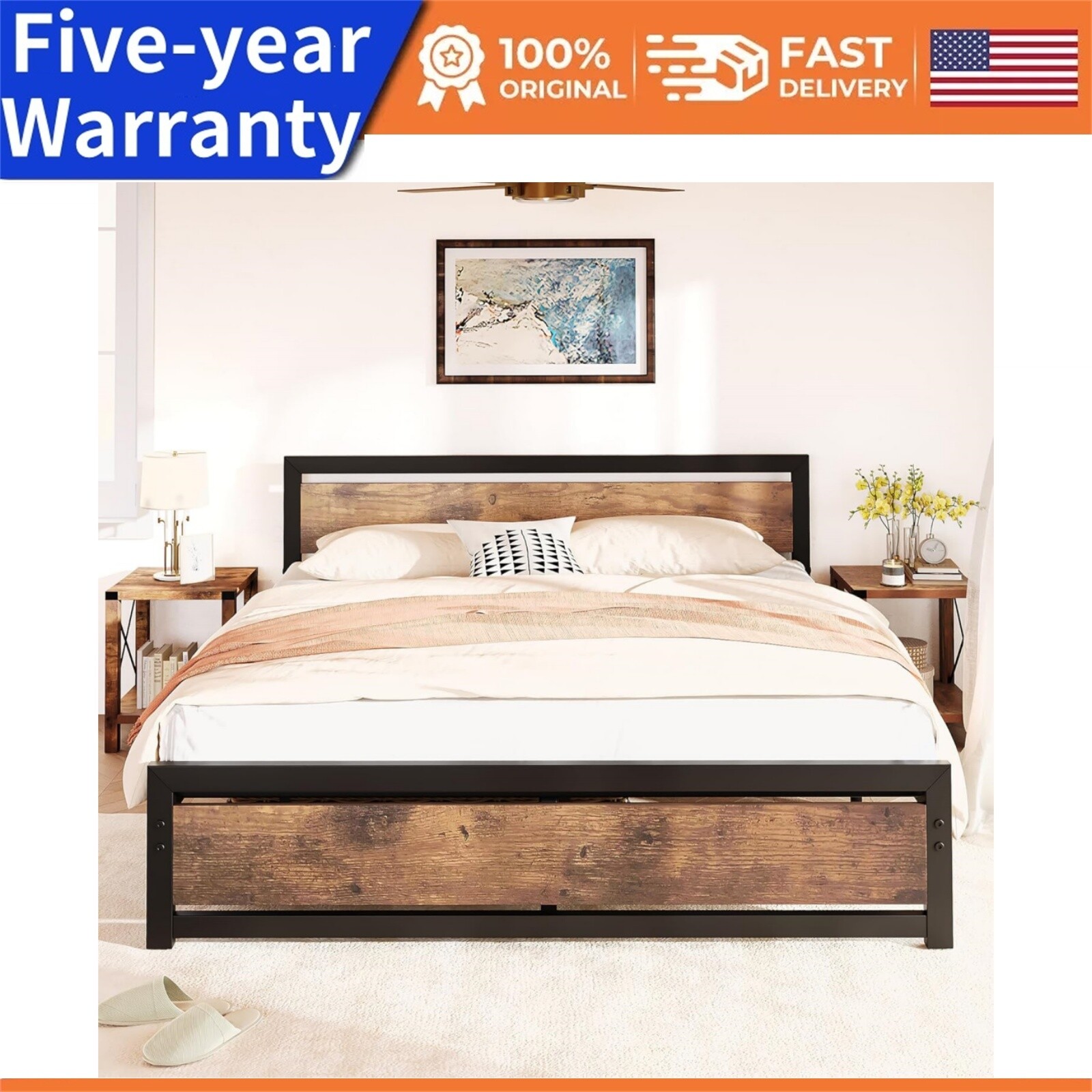 💯Queen/King Bed Platform Metal Bedframe No Box Spring Needed Bed Frame Headboar