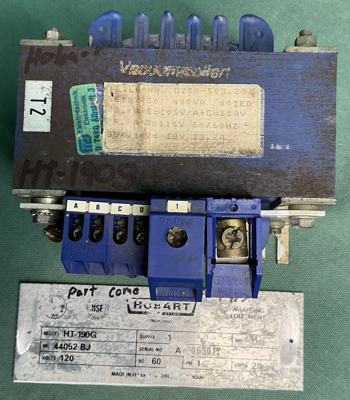 Vacuumschmelze 400VA Transformer 115V 18V 22.2A Industrial Control