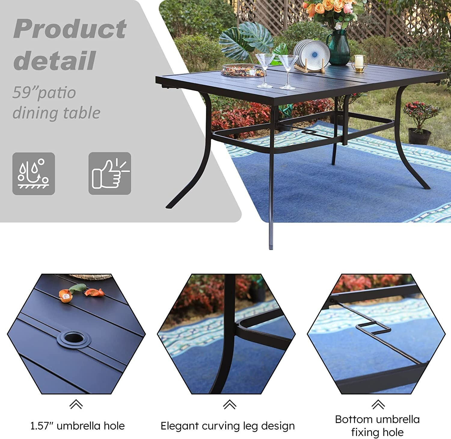 PHI VILLA Patio Dining Table for 6 Person Outdoor Table with Umbrella Hole Black