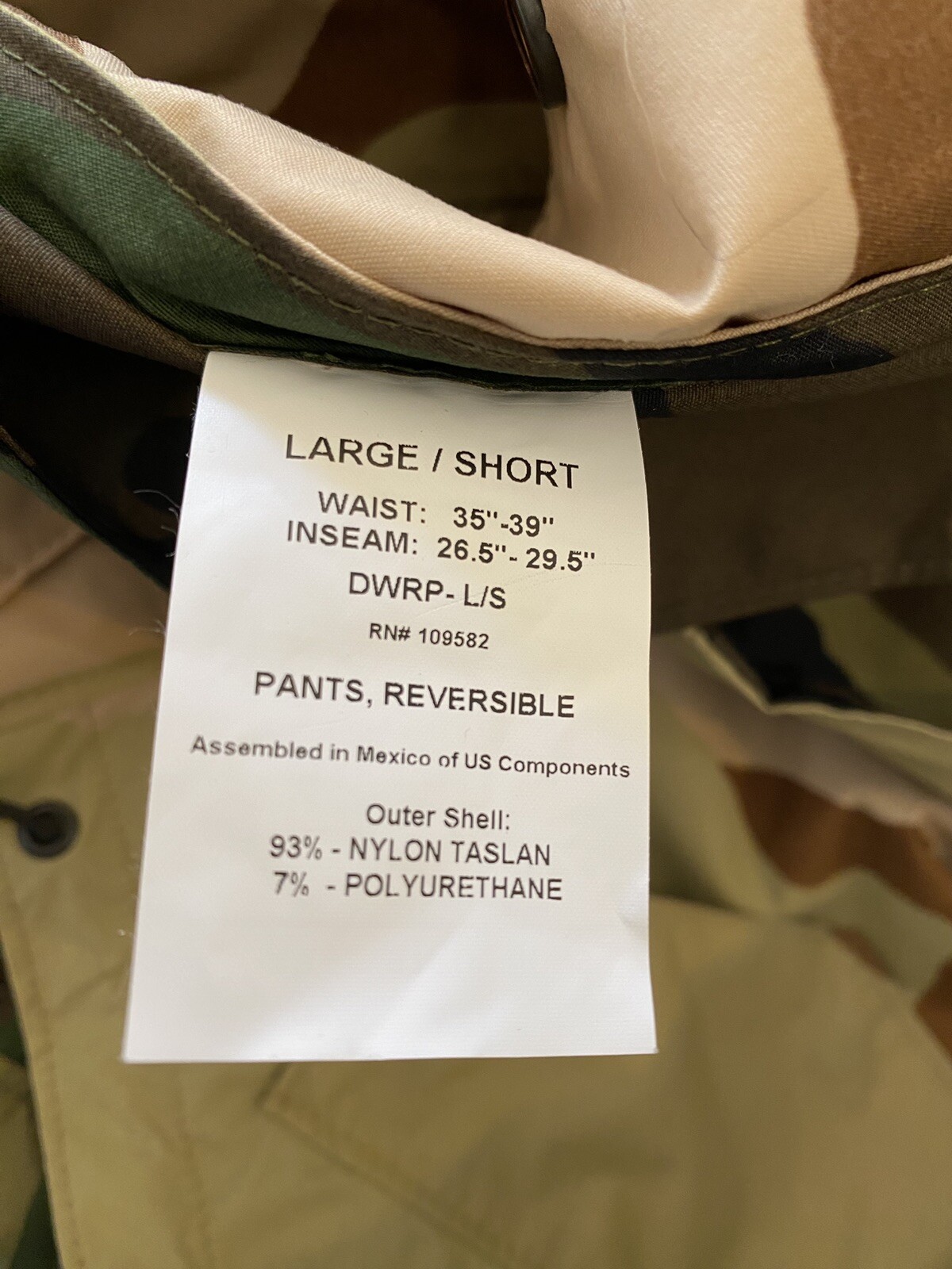 Men’s US Army Nylon Blend Reversible Camo Pants Size Large