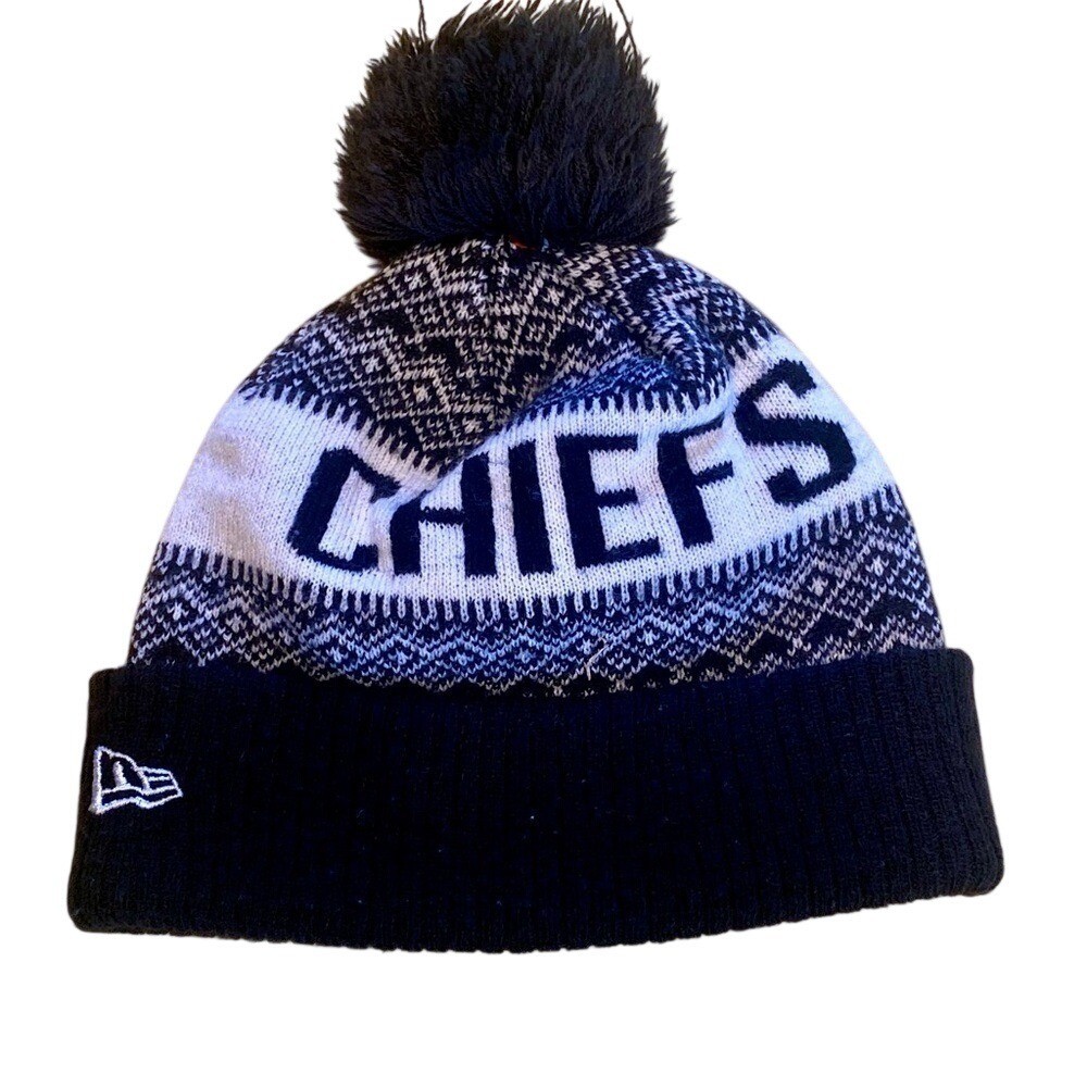 NFL Black/White New Era Kansas City Chiefs Football Logo Cuffed Pom Winter Hat