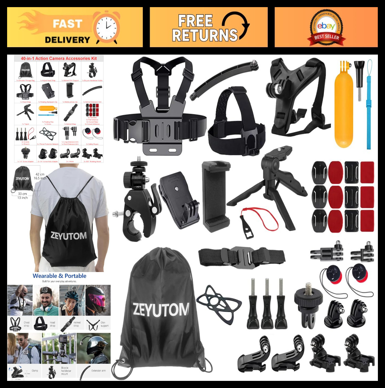 40-in-1 Action Camera Accessory Kit, Mounts for GoPro, DJI OSMO, Insta360, Tripo