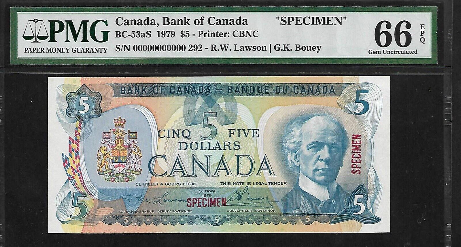 Canada Specimen 5 Dollars 1979 PMG 66 EPQ UNC P#BC-53aS Printer CBNC