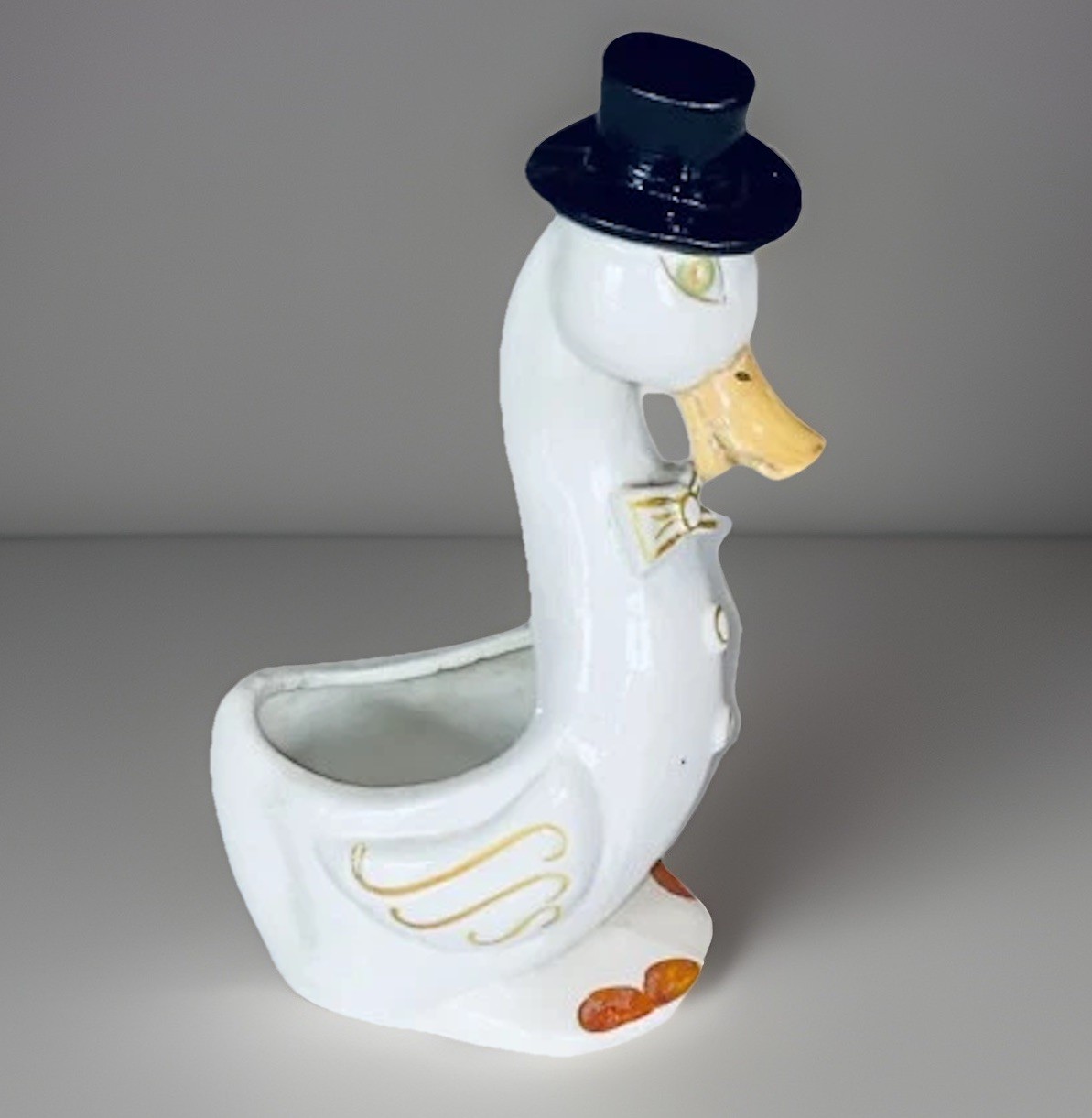 1920s Ceramic dapper duck anthropomorphic planter top hat bow tie 7” Tall