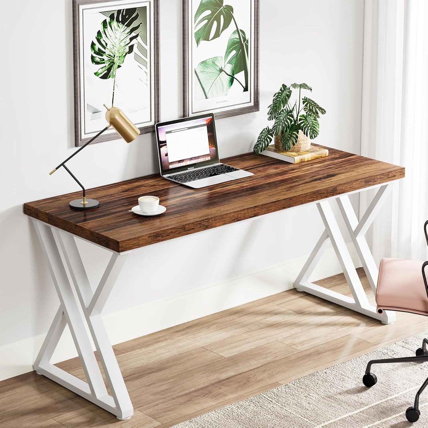 Modern Walnut/White 55" Heavy Duty Computer Desk Study & Work Desk