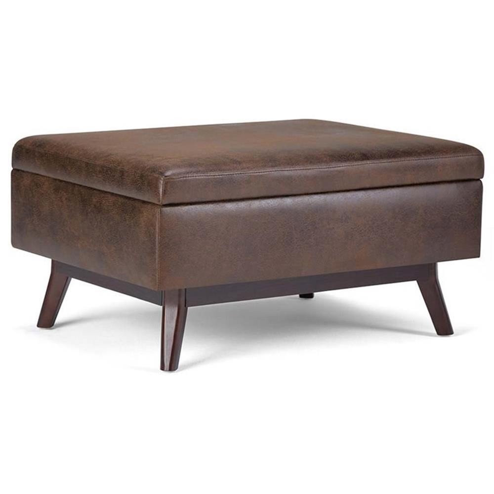 Simpli Home Owen Faux Leather Storage Coffee Table Ottoman in Chestnut