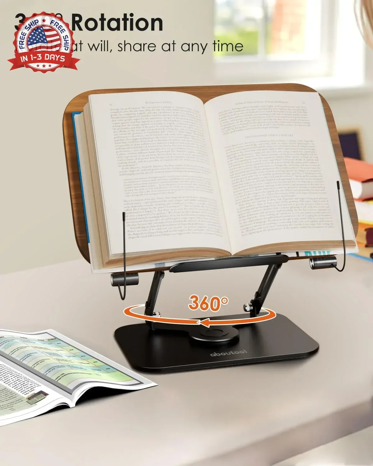 Book Stand for Reading, Adjustable Book Holder with 360° Swivel Base &