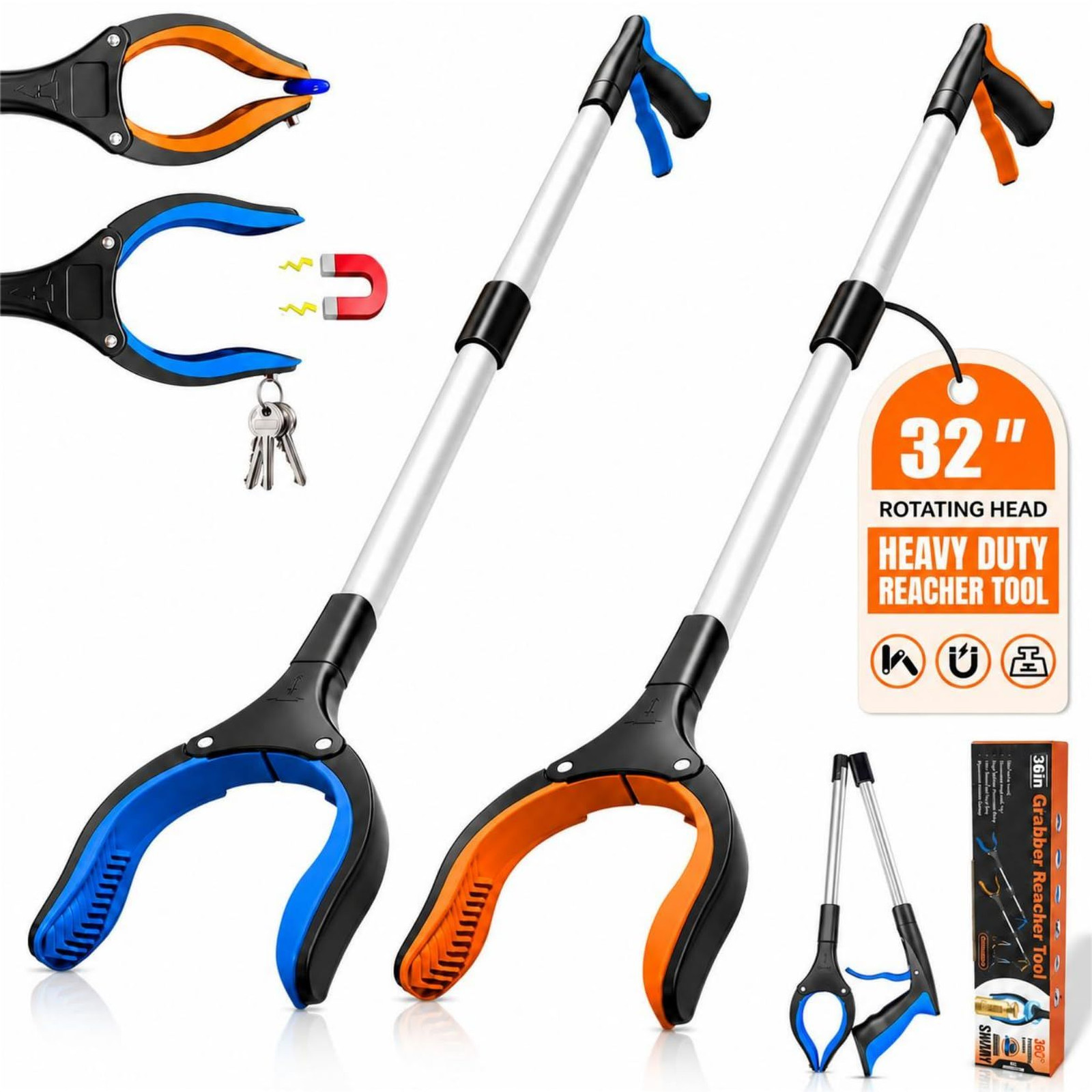 2 Pack 32" Grabber Reacher Tool, LEGENDONE Foldable 32"blue&orange - 2pack