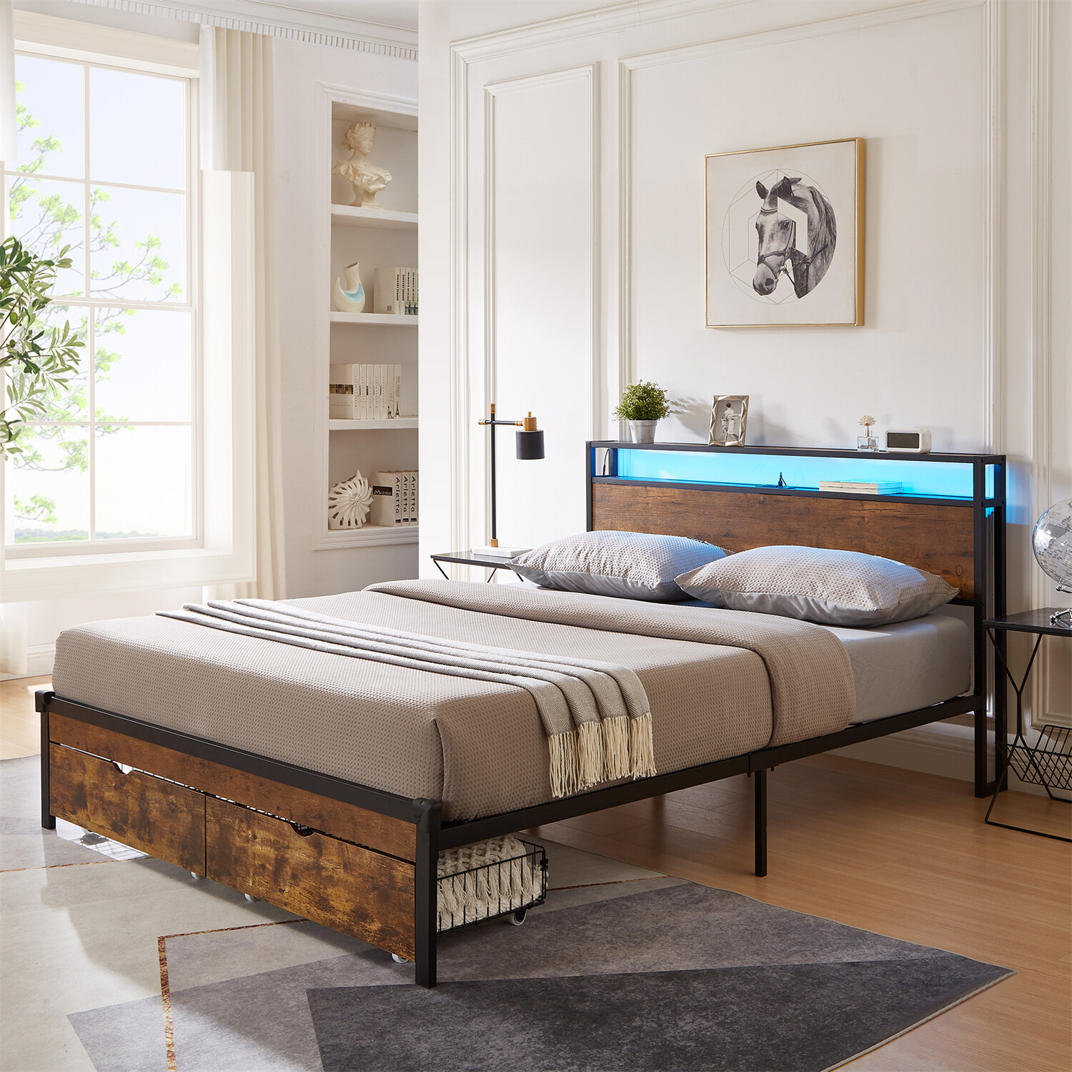 Full/Queen/King Size Bed Frame Metal Platform Bed with Charging Station US