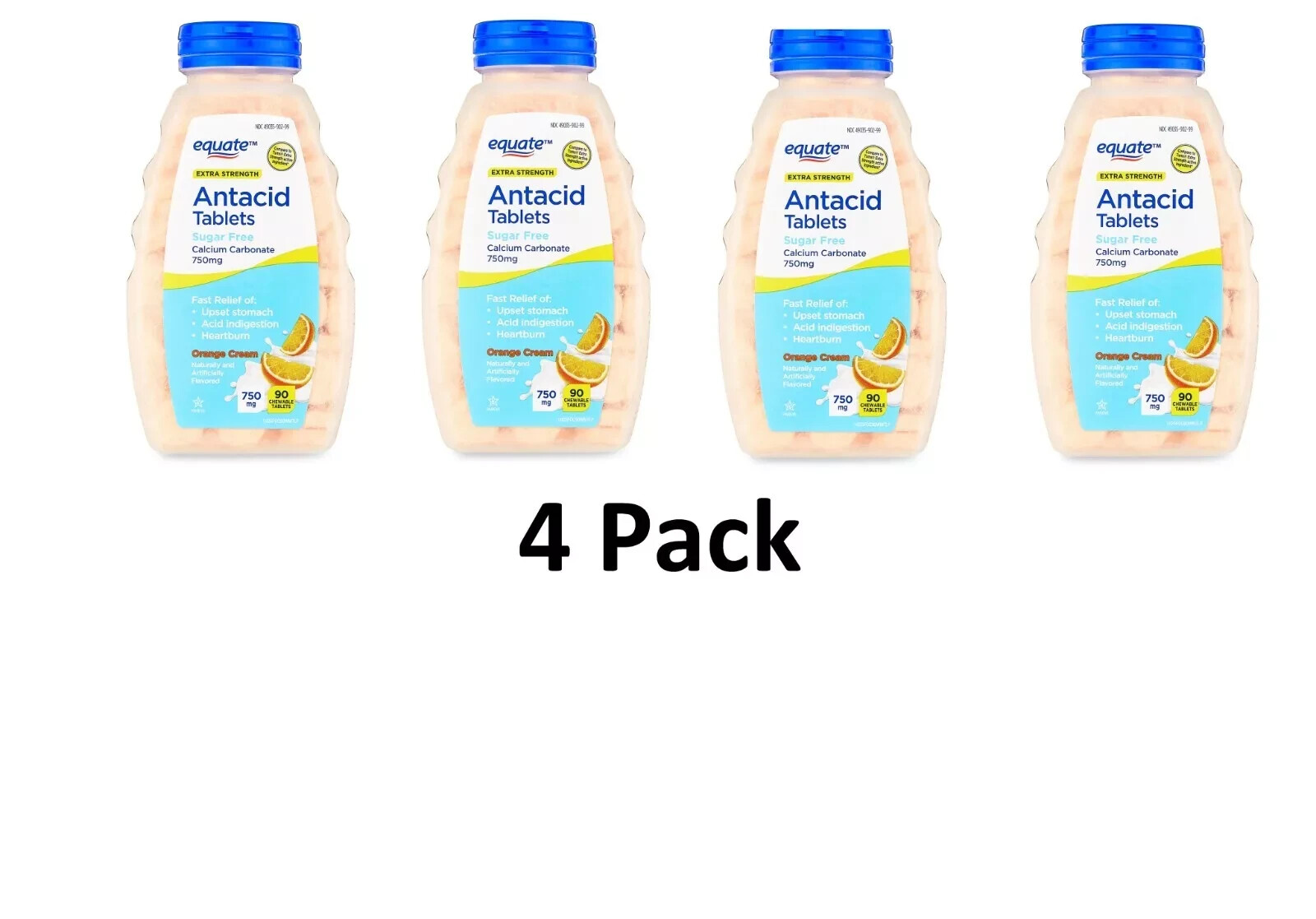 4 Pack Extra Strength Sugar-Free Antacid, Orange Cream Chewable Tablets, 750 mg