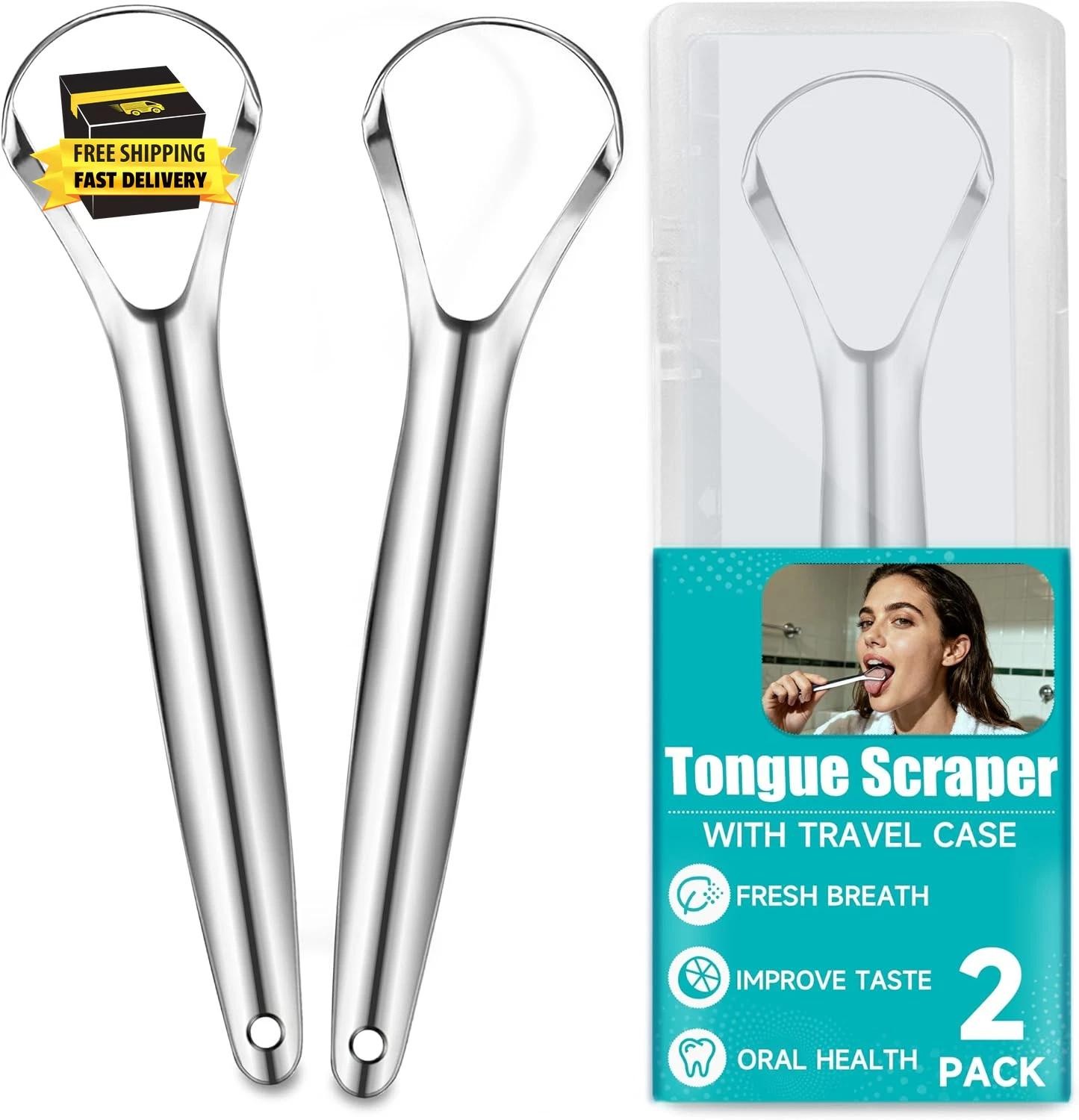 2 Pack Tongue Scraper for Adults, Reduce Bad Breath, Tongue Cleaner with Travel