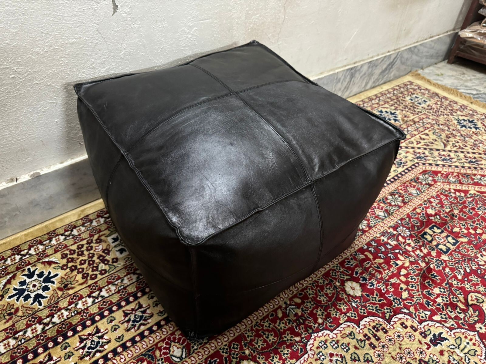 Aamazing Black Footrest Ottoman Footstool Unstuffed Pouffe Moroccan Leather