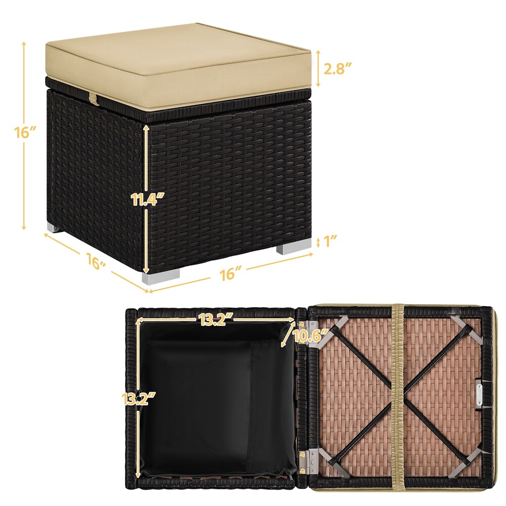 Set of 2 Wicker Ottomans with Hidden Storage, Patio Footstools w/Cushion Outdoor