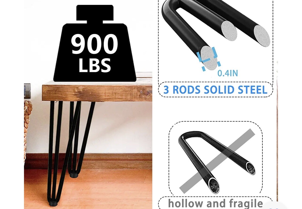 6In 3-Rod Solid Metal Furniture Legs - Heavy Duty Hairpin Legs Black (900Lbs), C