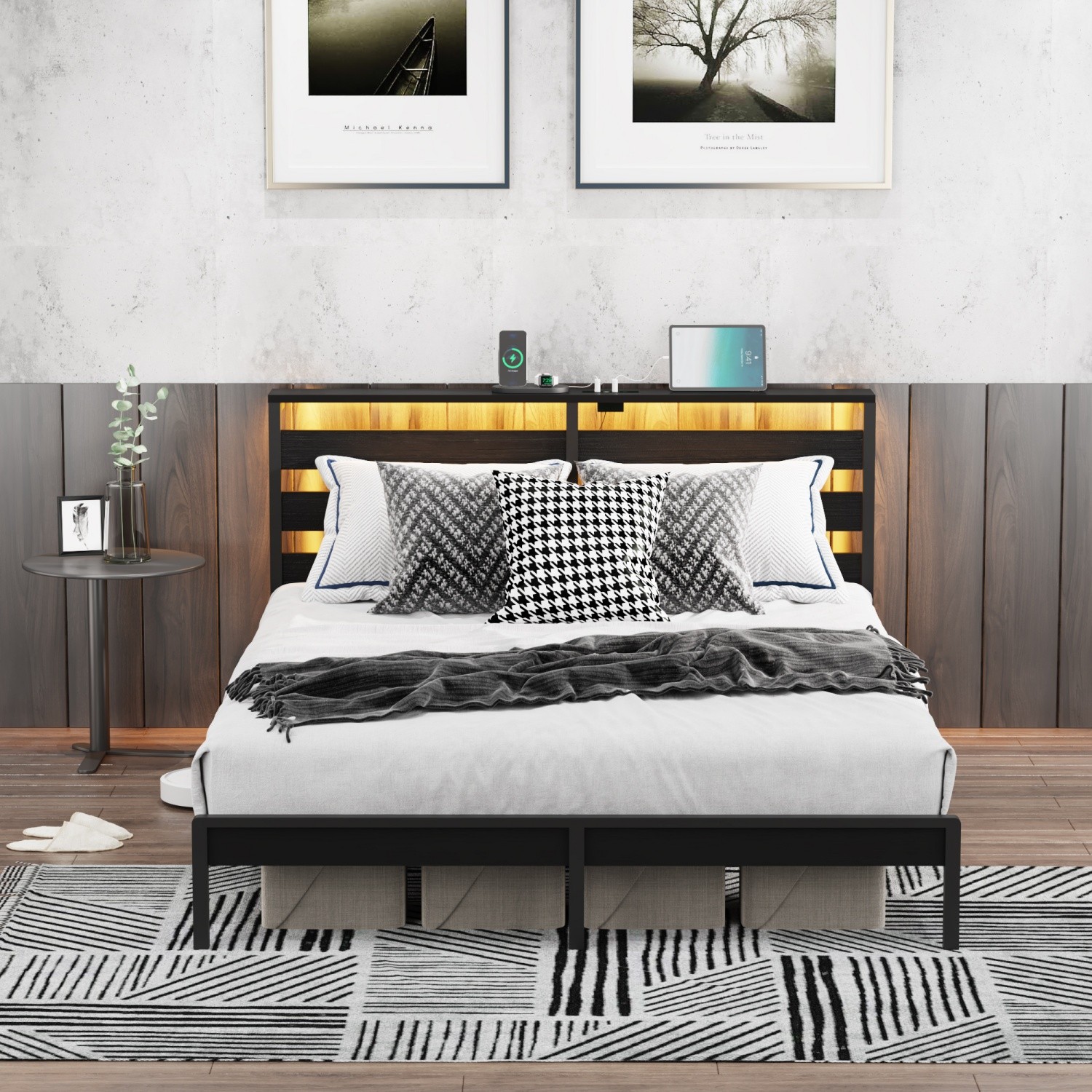 Full Size Metal Platform Bed Frame w/ LED Lights Headboard & USB Ports Black