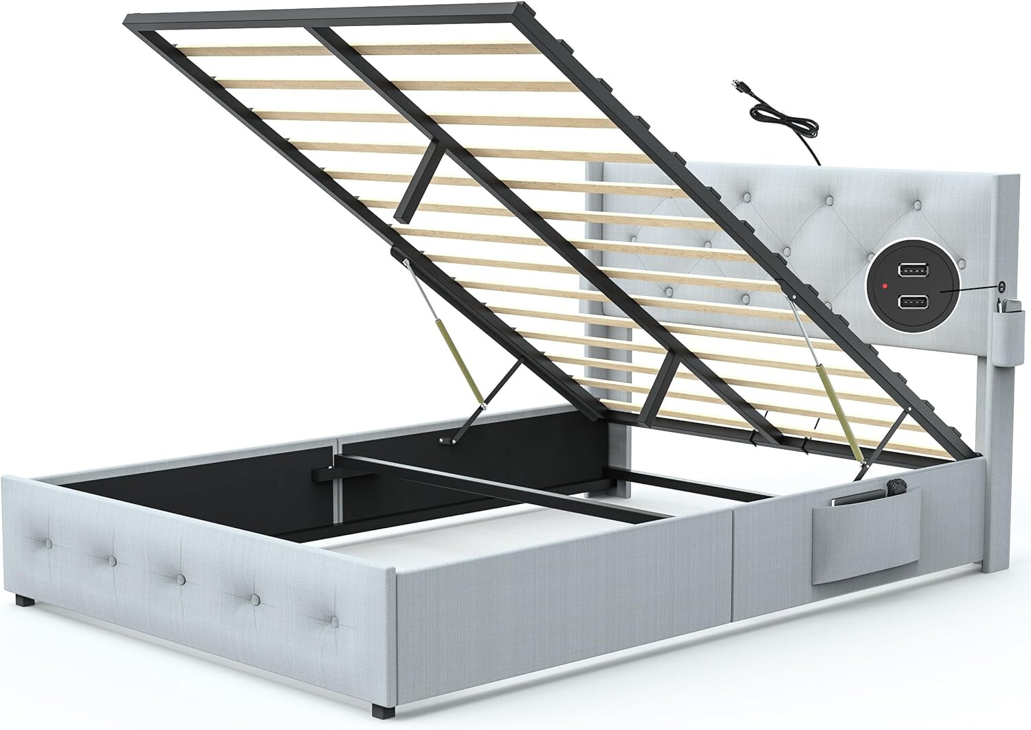 Full Size Bed Frame Upholstered Platform Bed Frame w/ Headboard and USB Ports