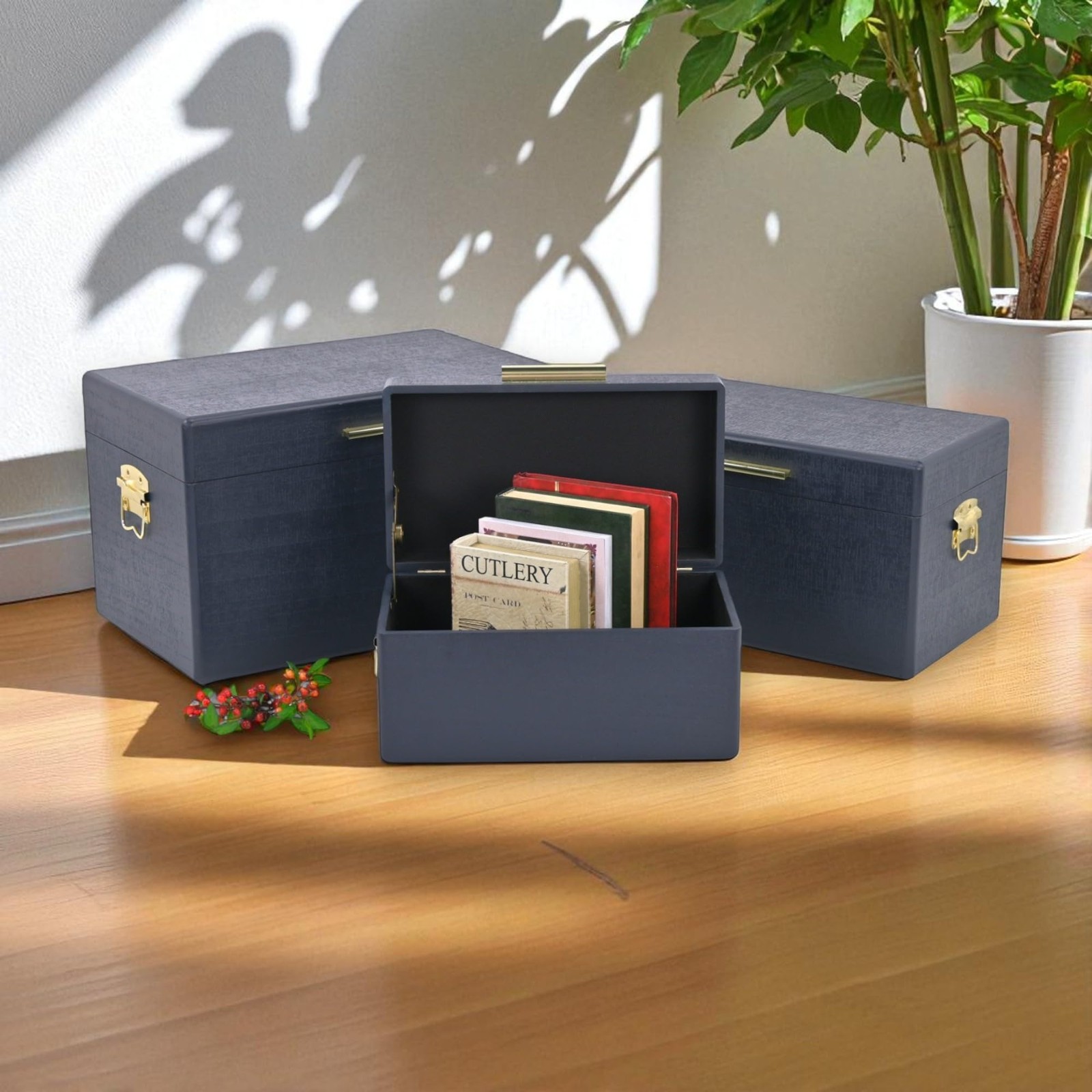 Sable Navy Rectangle Wood Trunks Gold Handles Set 3