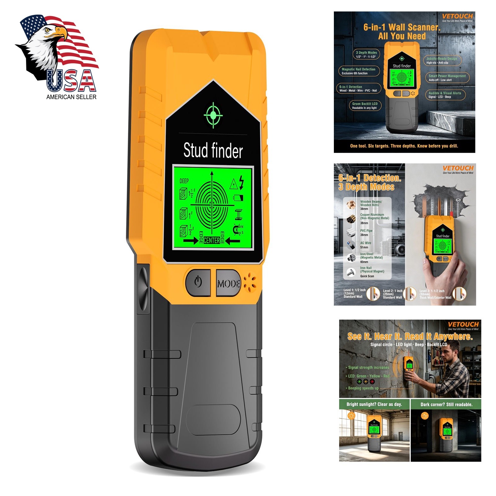 VETOUCH Orange Black Stud Finder Wall Scanner LCD Display