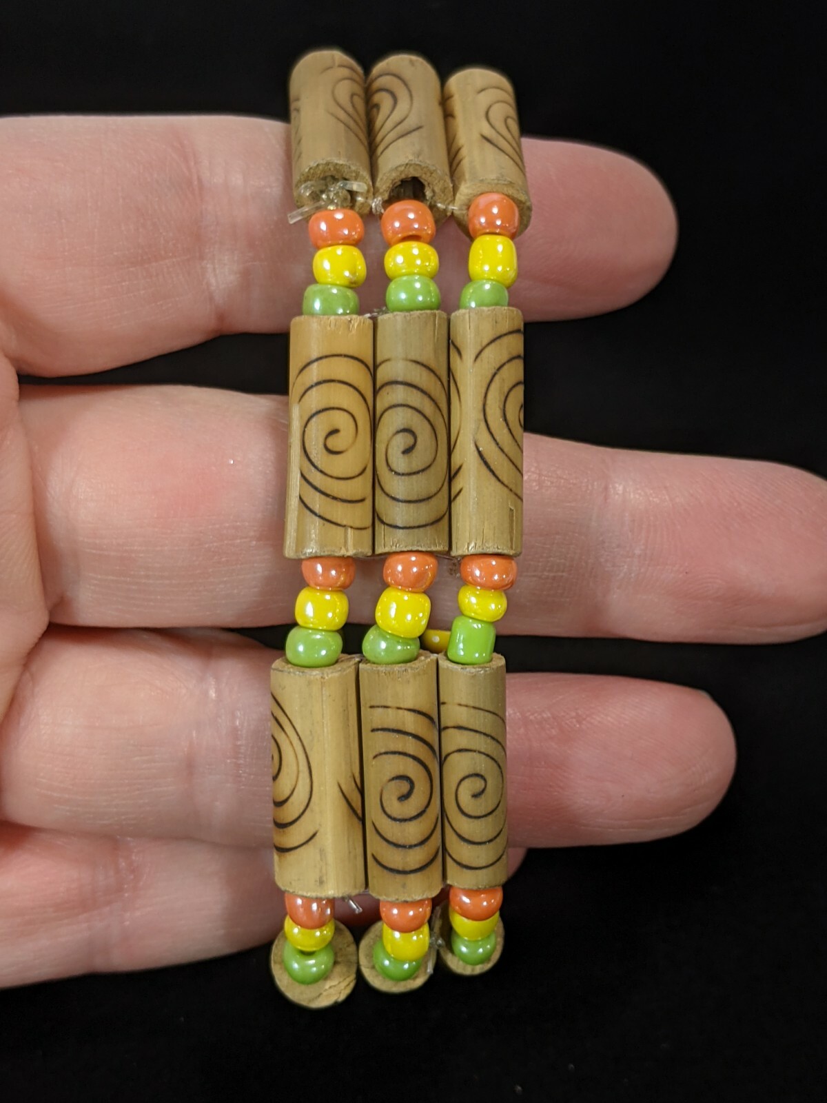 Tribal Style Wood Bead Orange Green Yellow Glass Bead Stretch Bracelet 10531