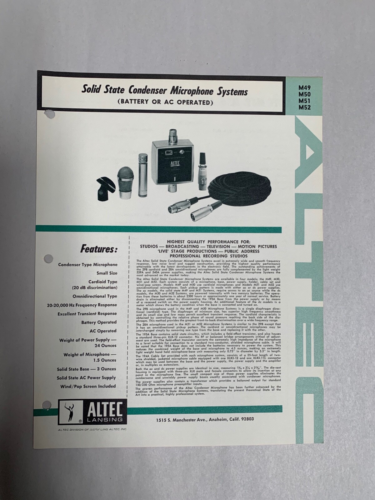Original Vtg Altec Model M49 M50 M51 M52 Condenser Mic Specification Sheet (A3)