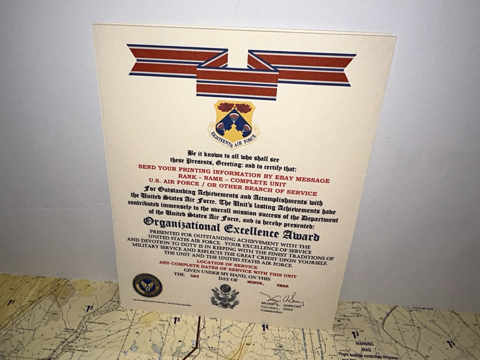 U.S. AIR FORCE / 18TH AIR FORCE - ORGANIZATIONAL EXCELLENCE AWARD CERTIFICATE
