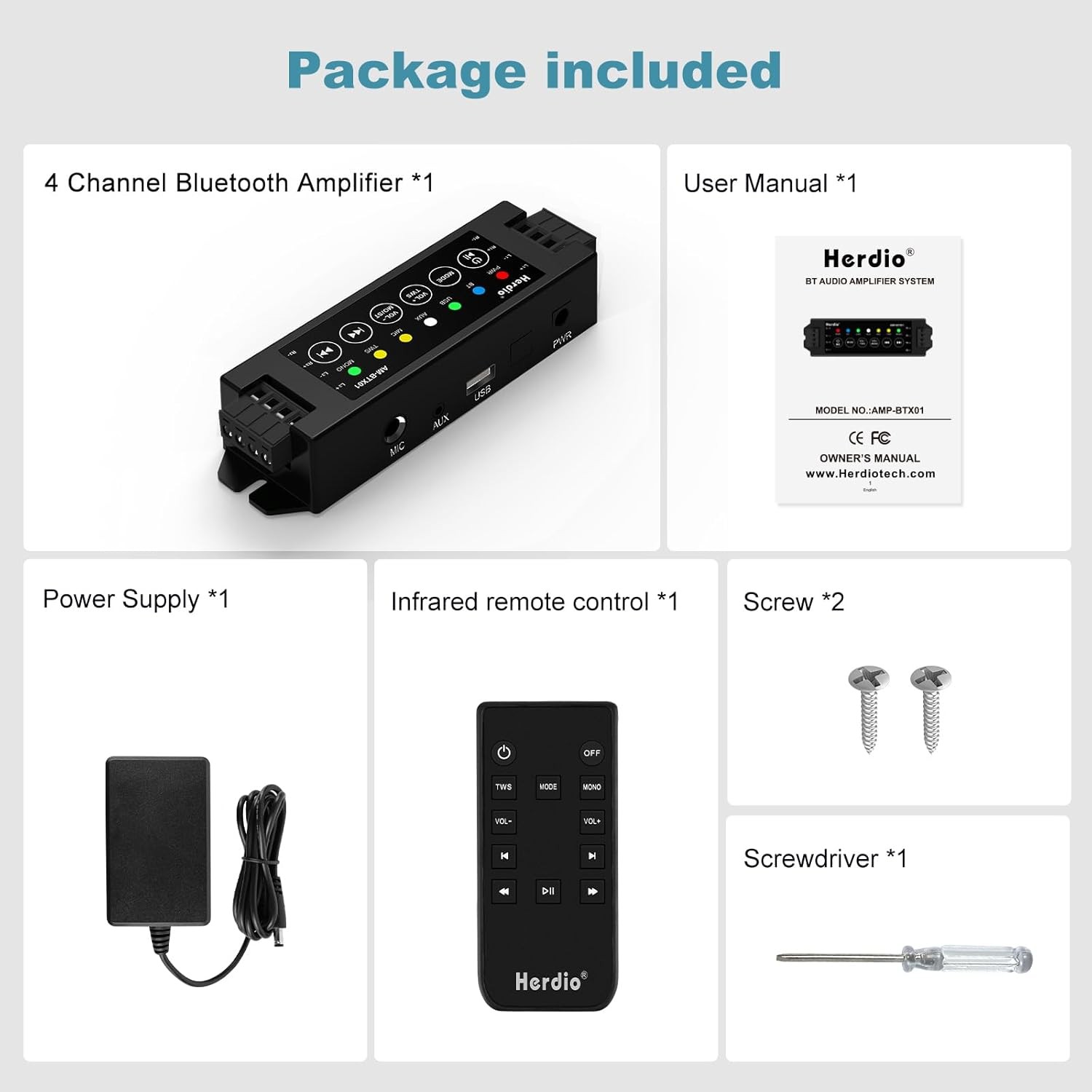 Herdio 4 Channel Bluetooth Amplifier Receiver With Power Supply and IR Remote